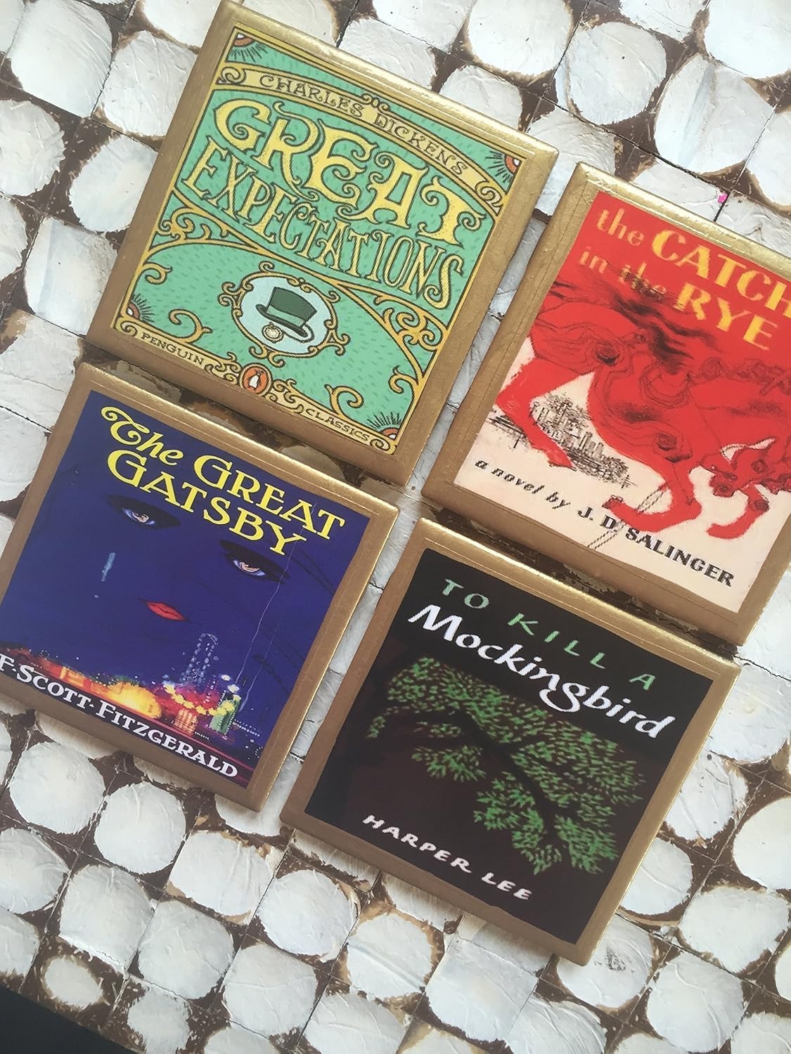 Coasters! The Classics Set of Coasters with Gold Trim! The Catcher in The Rye, Great Expectations, to Kill a Mockingbird and The Great Gatsby