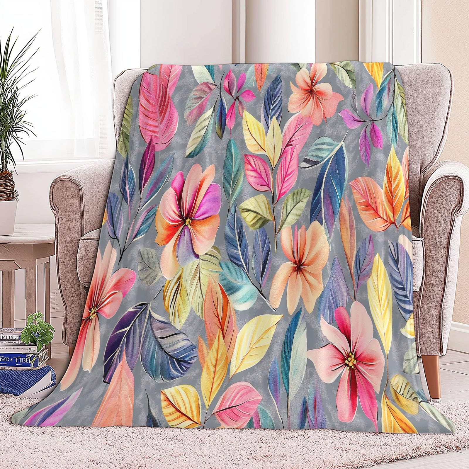 220 x 240 cm Manta de vellón Color, Flores De Acuarela Plumas Mantas de Franela de Microfibra Suaves, cálidas, esponjosas y Ligeras con Estampado 3D, para Cama sofá Colcha para niños