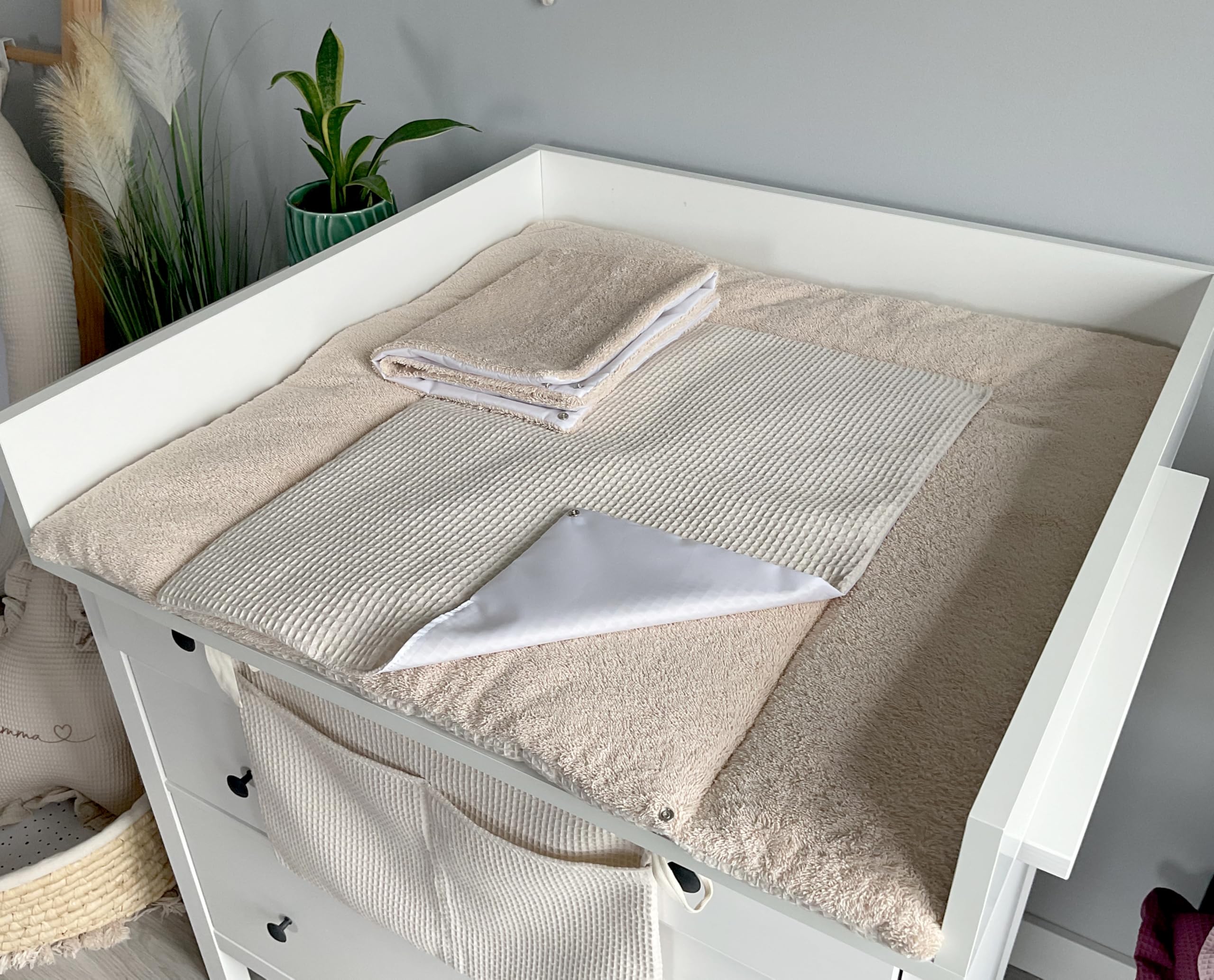Wickelauflage Set 6-teilig – Wickelunterlage aus Waffelstoff & Frottee mit Druckknöpfen – Baby Wickelauflage – Wickeltischauflage – 75x75 cm (Breite x Tiefe), Hellbeige