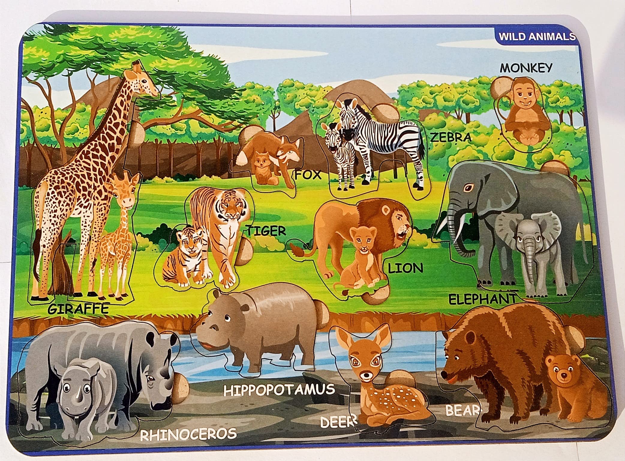 Wooden Kingsize Identification Tray Wild Animals with Knobs for Kids, Multi Color