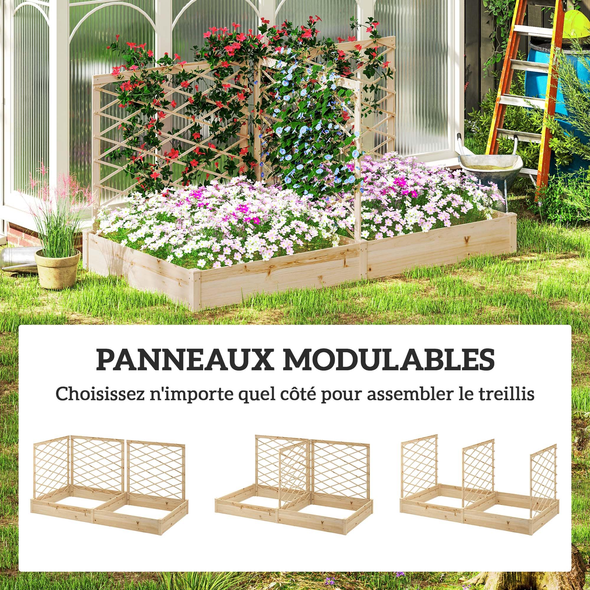 Outsunny Jardinière extérieure avec 3 Treillis modulable, lit surélevé de Jardin, bac à Fleurs en Bois pour Balcon terrasse Patio, 222 x 114 x 109 cm, Effet Bois Naturel