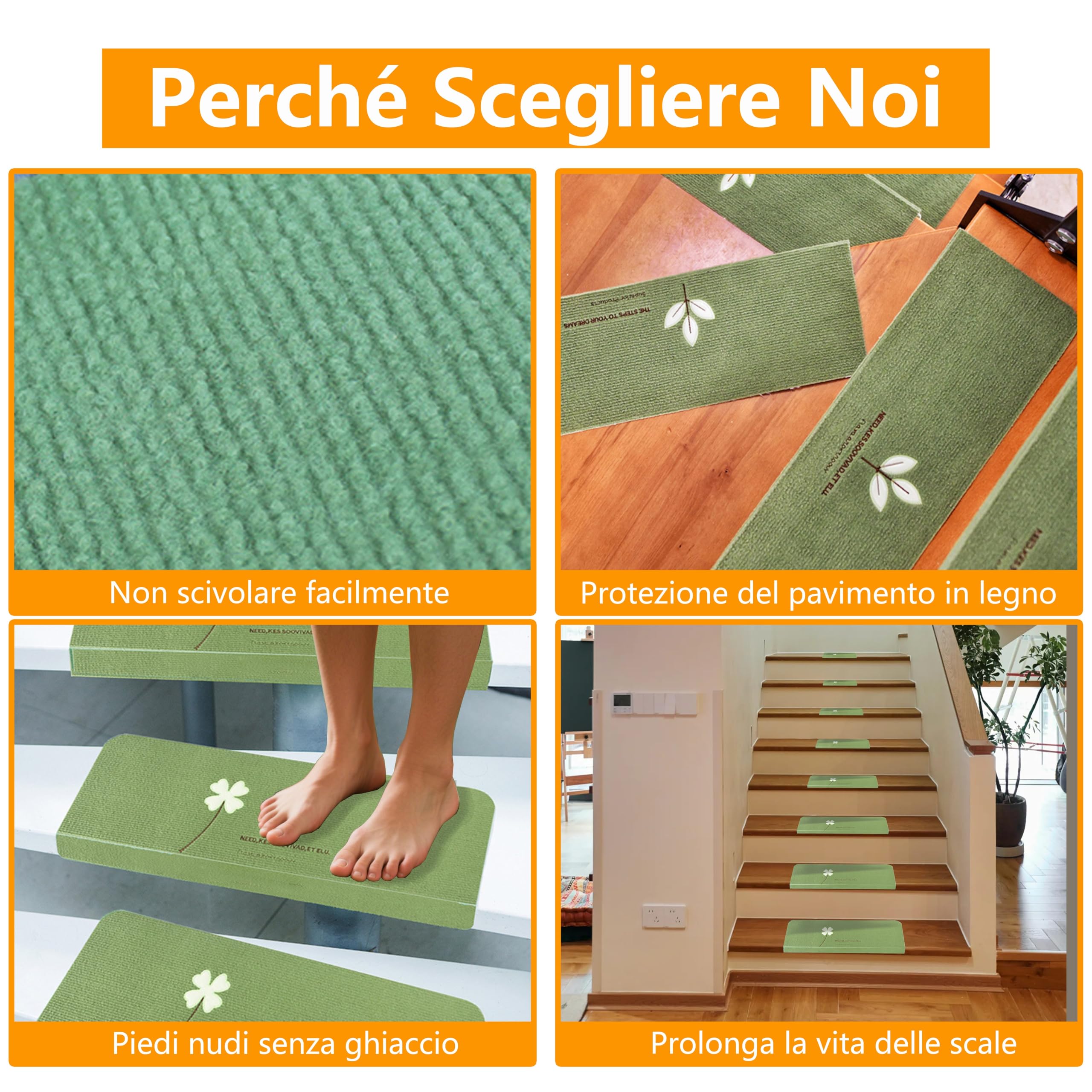 Tappetino Autoadesivo per Scale - 7 pezzi Long Tappetini Luminosi Antiscivolo Per Scale Tappetino per Scale Protezione Interne In Gradini Legno per Bambini Anziani e Animali