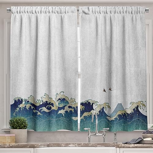 Ambesonne Cortinas de cocina japonesas onduladas, remolinos acuáticos, pájaros del océano, estilo Ukiyo-e, fondo en escala de grises, juego de 2
