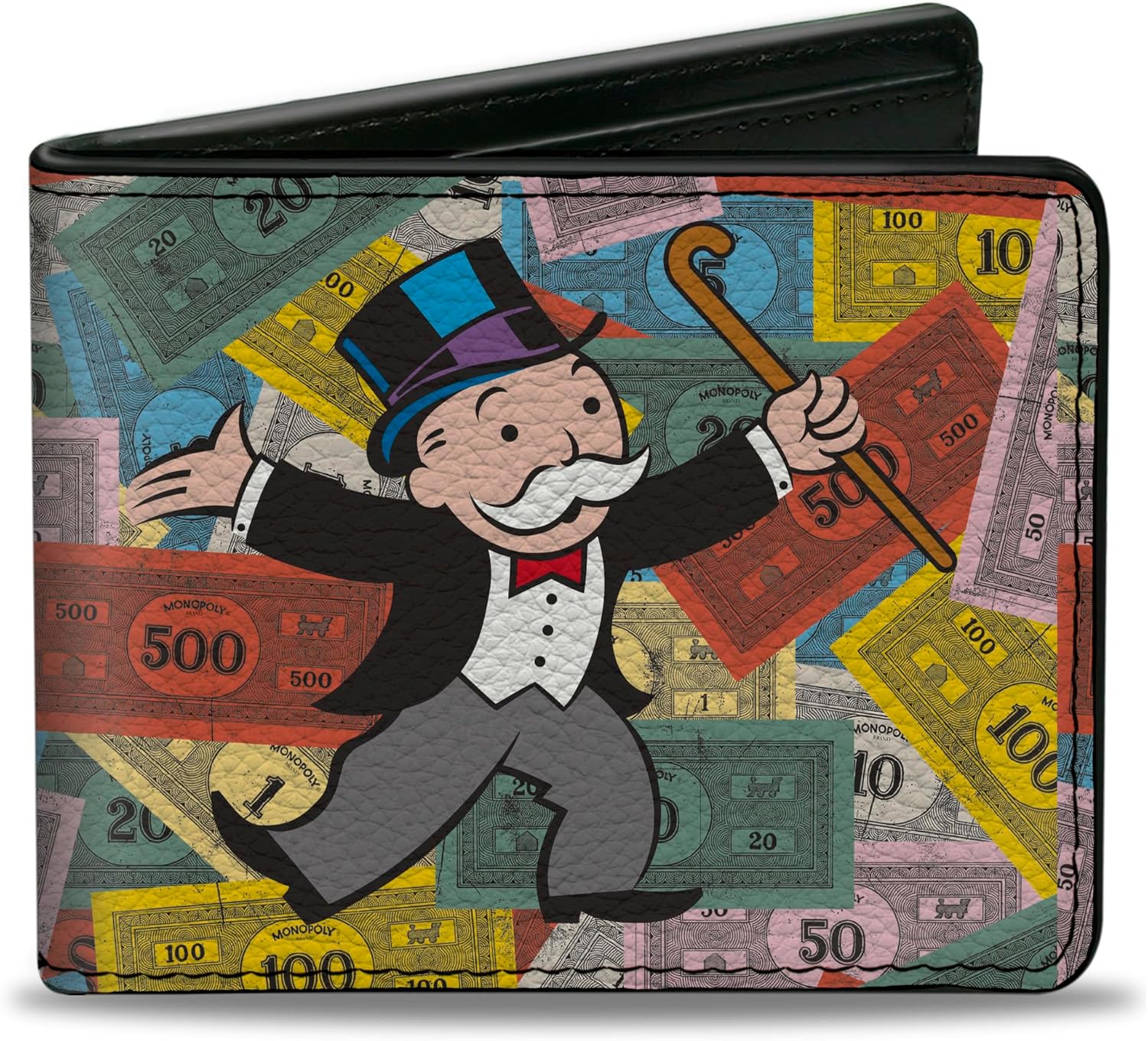 Buckle-Down Hasbro Wallet, Bifold, Mr Monopoly Rich Uncle Pennybags Stacked Money Pose, Vegan Leather