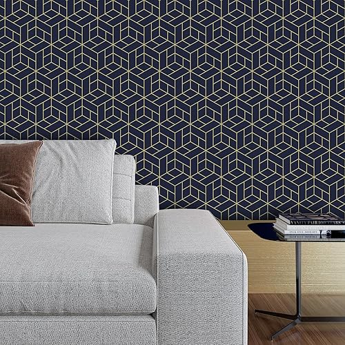 Miniatura 2 de VaryPaper Papel tapiz geométrico hexagonal azul marino de 17.7 x 78.7 pulgadas, para pegar y despegar, papel de contacto geométrico decorativo para