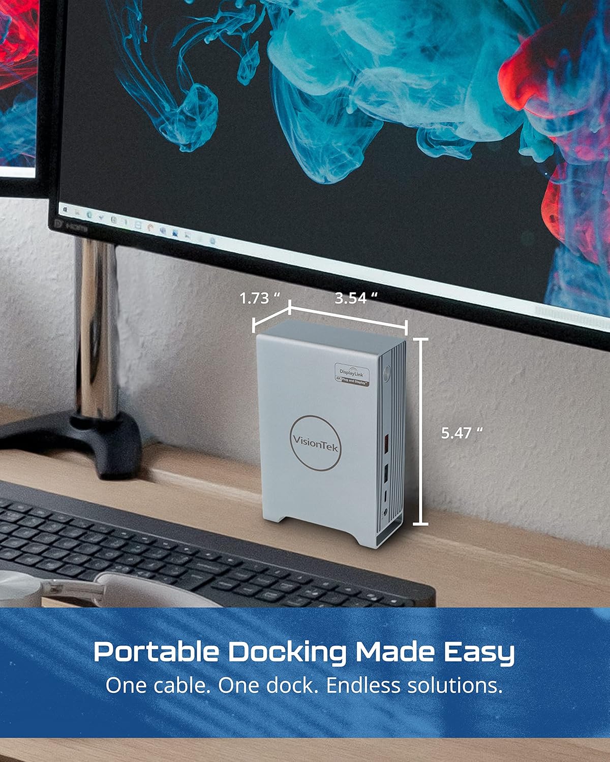 VisionTek VT7100 docking station connected to multiple monitors and a laptop