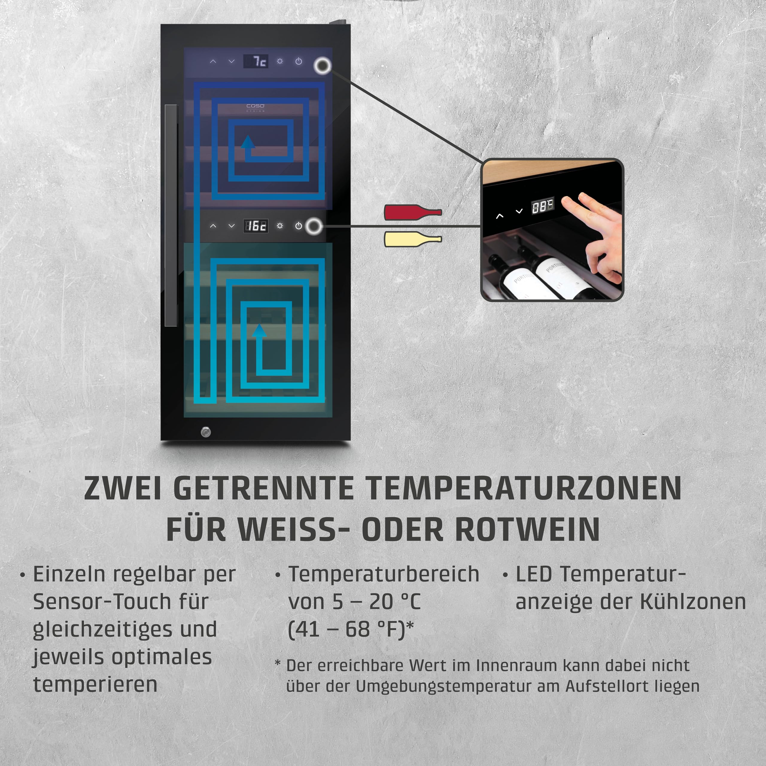 Caso WineExclusive 24 Smart - Design Weinkühlschrank, bis zu 24 Flaschen, Zwei getrennte Temparaturzonen einstellbar von 5°-20°C, LED beleuchtet, mit Wi-Fi Modul und App