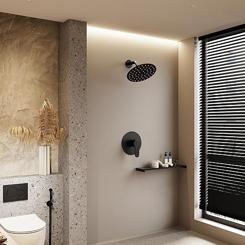 Miniatura 9 de Grifo de ducha, juego de grifo de ducha negro mate, sistema de ducha de lluvia para baño con cabezal de ducha de 6 pulgadas, kit de molduras de