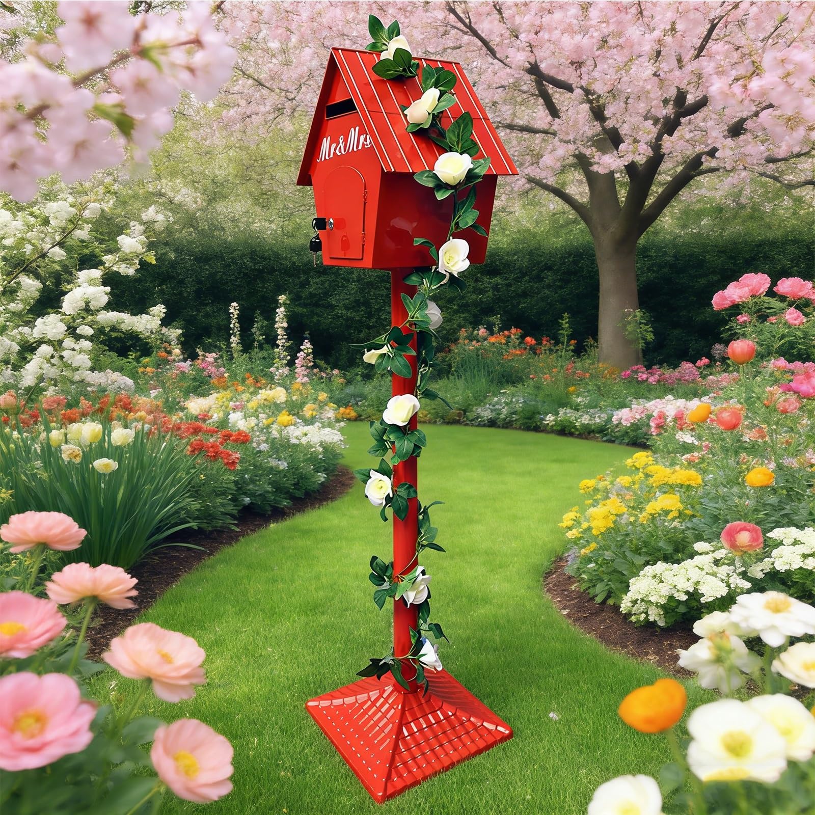 Buzón de hierro para montaje en poste, buzón de cabina de bosque de 48.8 pulgadas con cerradura de llave y vid de flores de plástico, buzón de correo de jardín estilo primaveral para interiores y