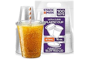 16 oz Clear Plastic Cups, Lids & Straws Set [100 Packs] |...