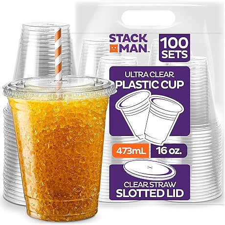 16 oz Clear Plastic Cups, Lids & Straws Set [100 Packs] |...