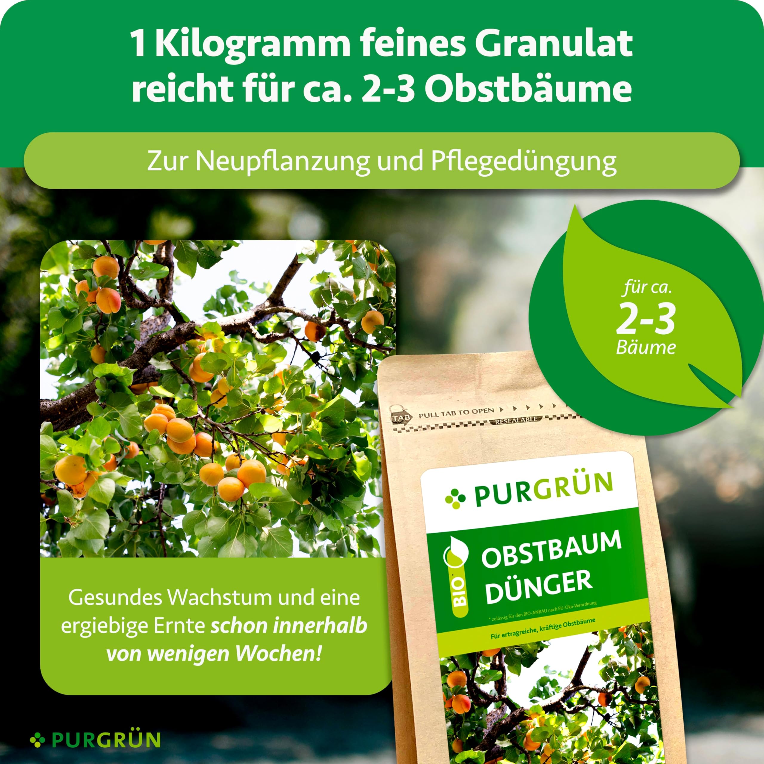 Bio-Obstbaum-Dünger 1 kg – Organisch-mineralische Rezeptur – Feinkörniges Krümelgranulat – NPK 6+3+8 – Mit Magnesium für große, aromatische Früchte – Verbessert die Bodenqualität