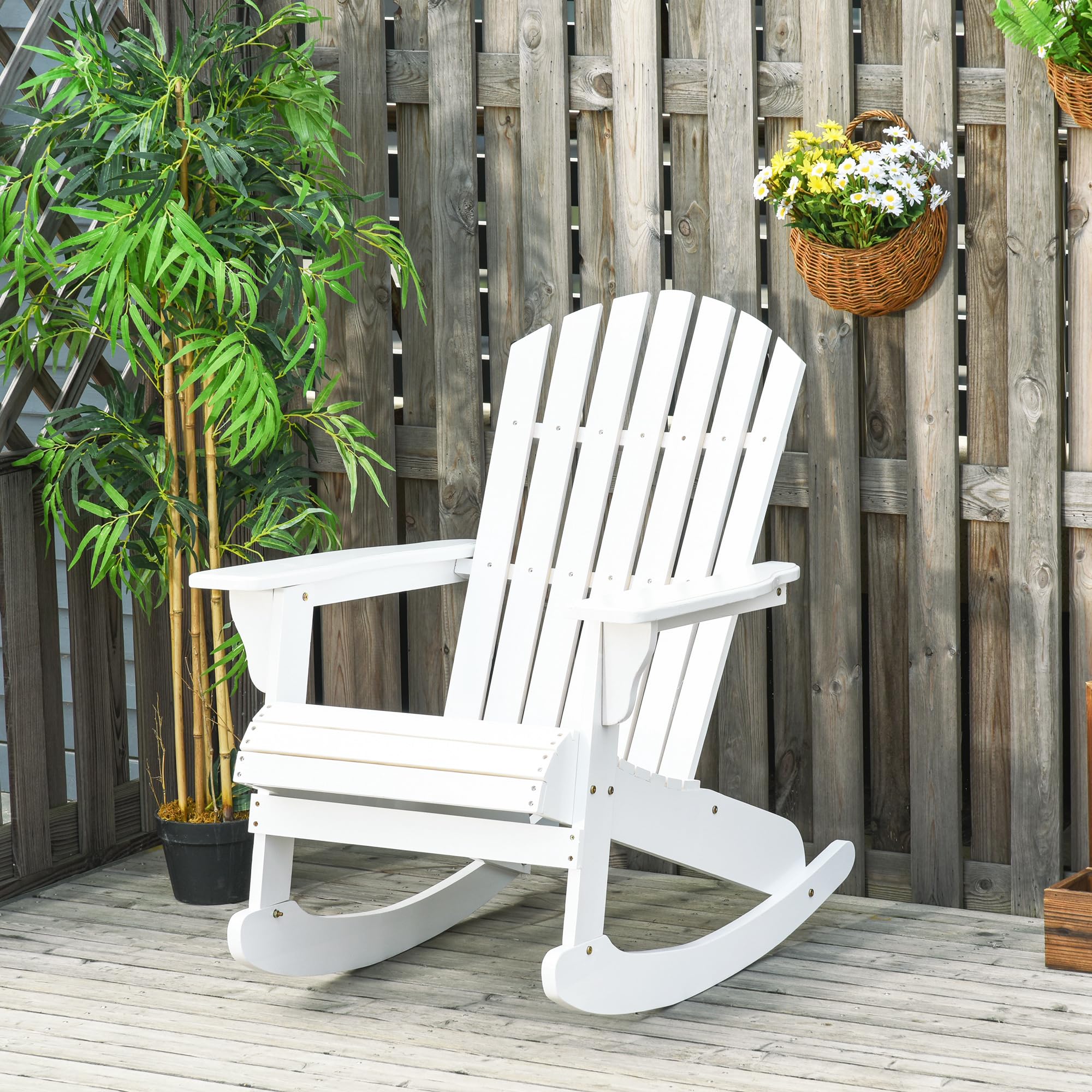 Outsunny Fauteuil de Jardin Adirondack à Bascule Rocking Chair Assise Dossier Ergonomique Style néo-rétro en Bois Massif traité Peint Blanc