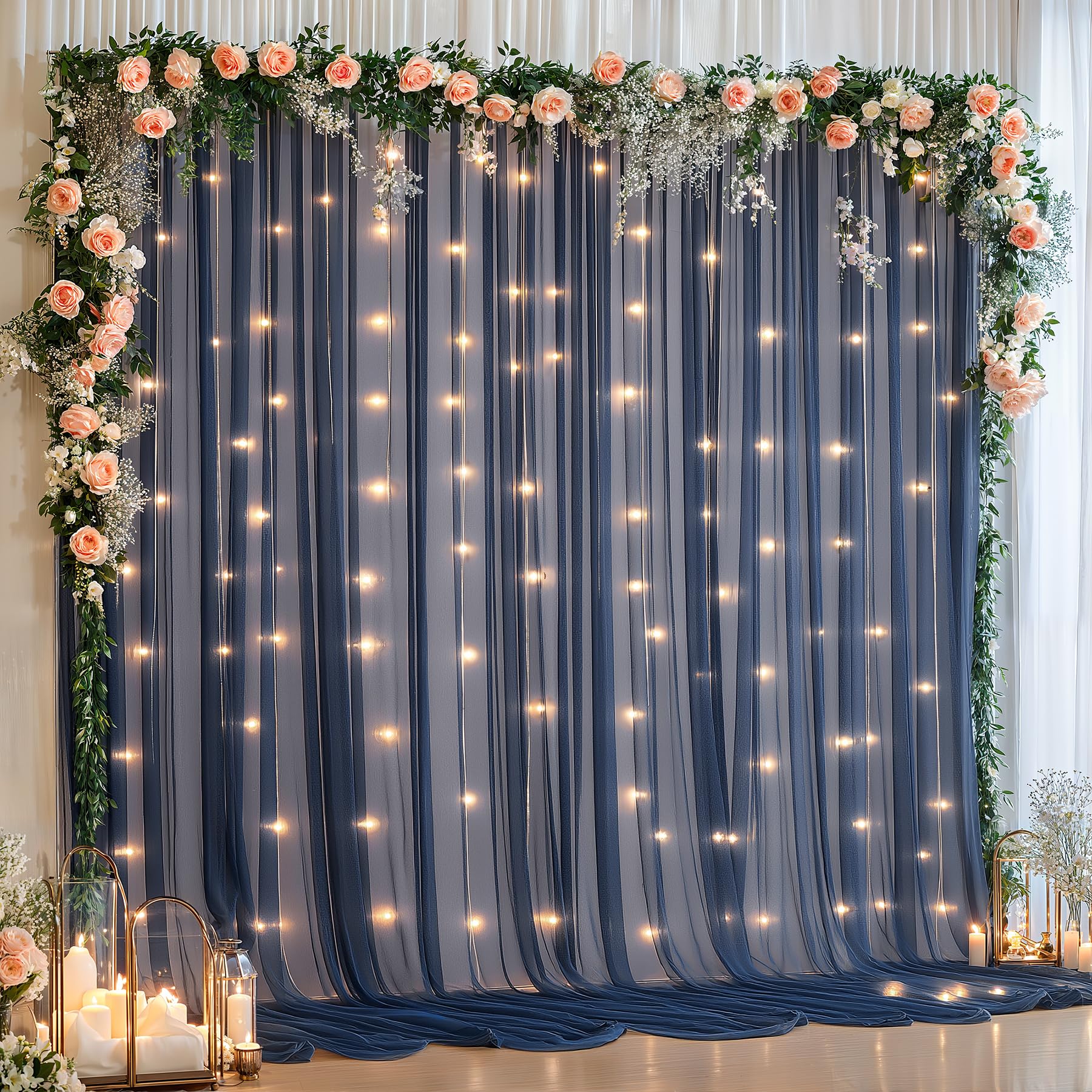 10x10ft Navy Blue Tulle Backdrop Curtain with Lights String for Parites, Sheer Backdrop Curtains for Wedding Baby Shower Birthday Party Photo Shoot