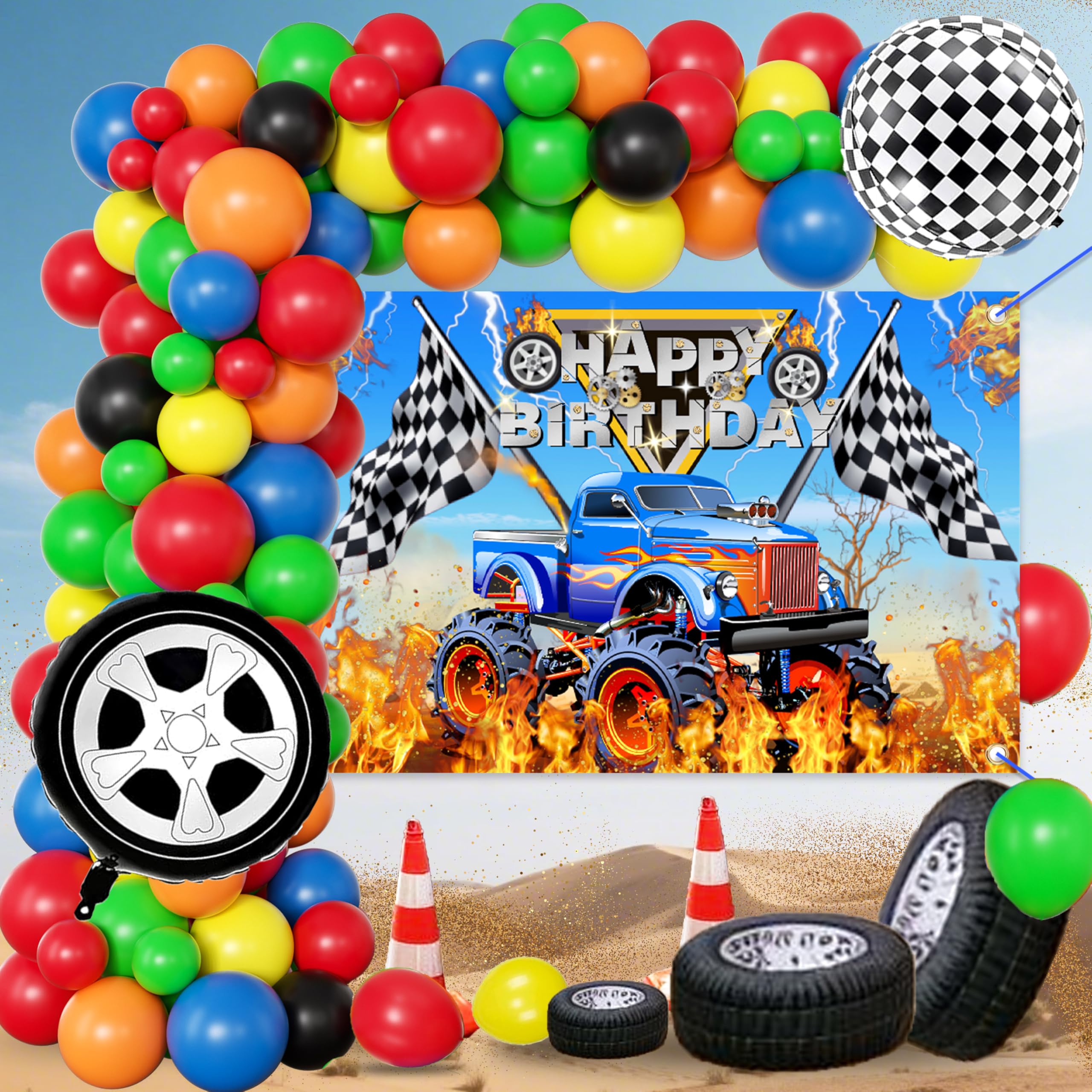 Huge Truck Birthday Party Decorations Kit For boys, happy birthday Backdrop,70 Balloons, Balloon Arch kit