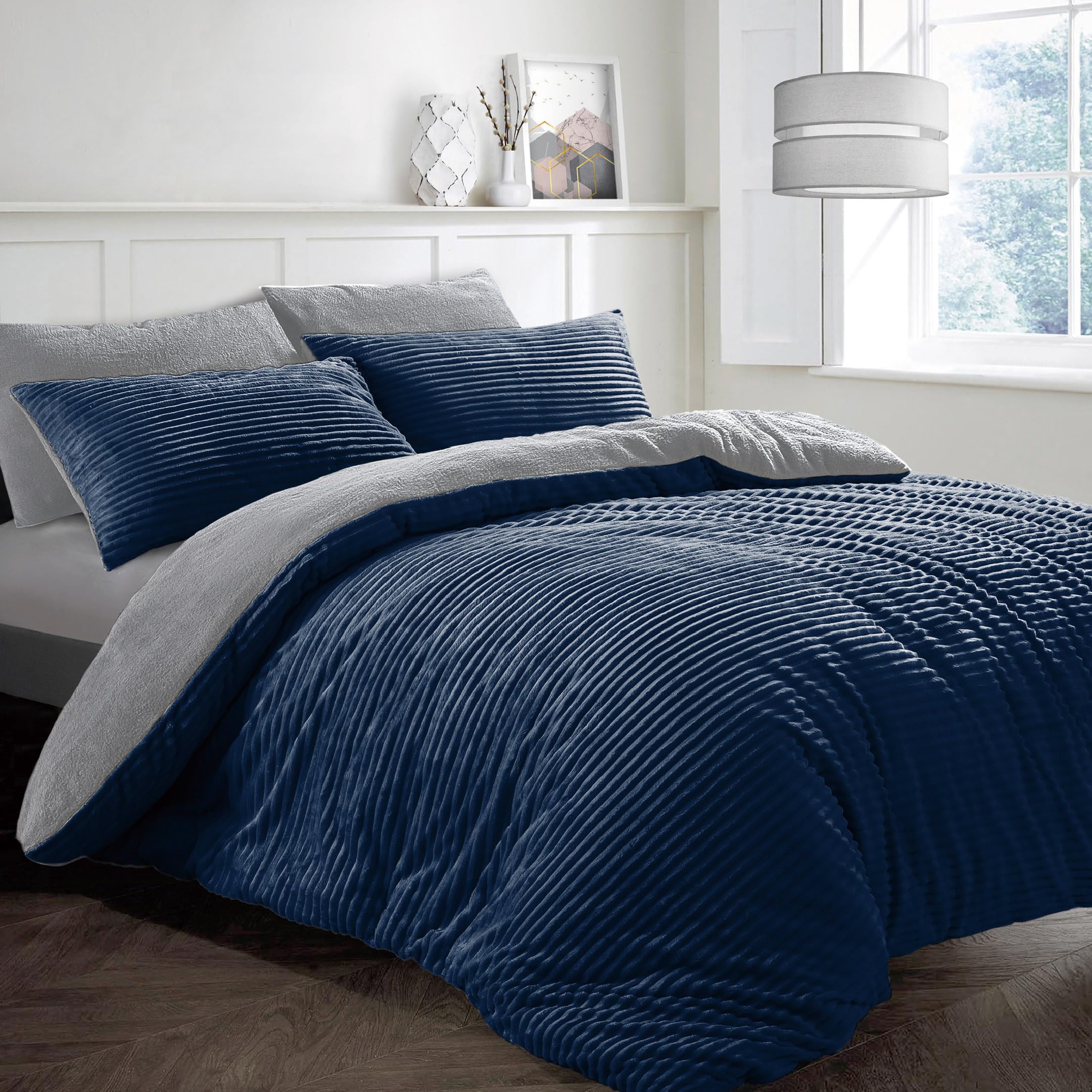 Velosso Teddy Chunky Cord Plush Cosy Reversible Corduroy Fleece Duvet Cover Quilt Bedding Set with Pillow Case Thermal Warm Fluffy Super Soft (Navy/Grey, Double)