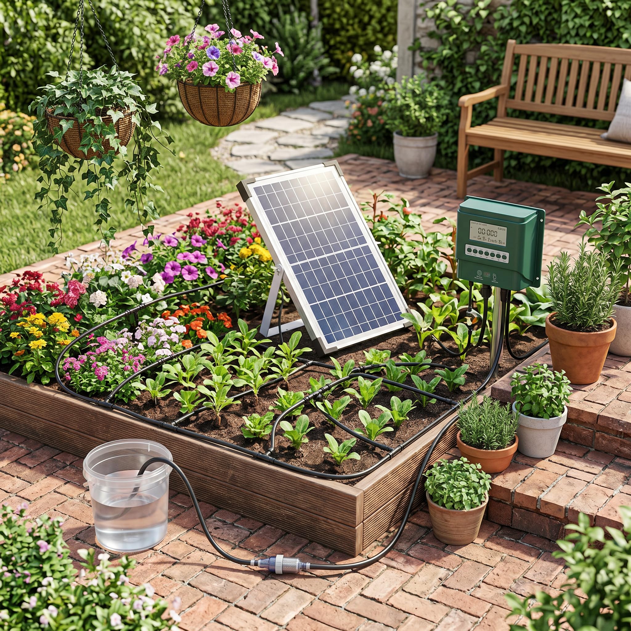 Kit di Irrigazione Solare a Goccia, Pannello Solare Regolabile Impermeabile 18V 10W di Irrigazione Automatica con Timer e Sensore di Livello Dell'acqua, per Interni Ed Esterni,