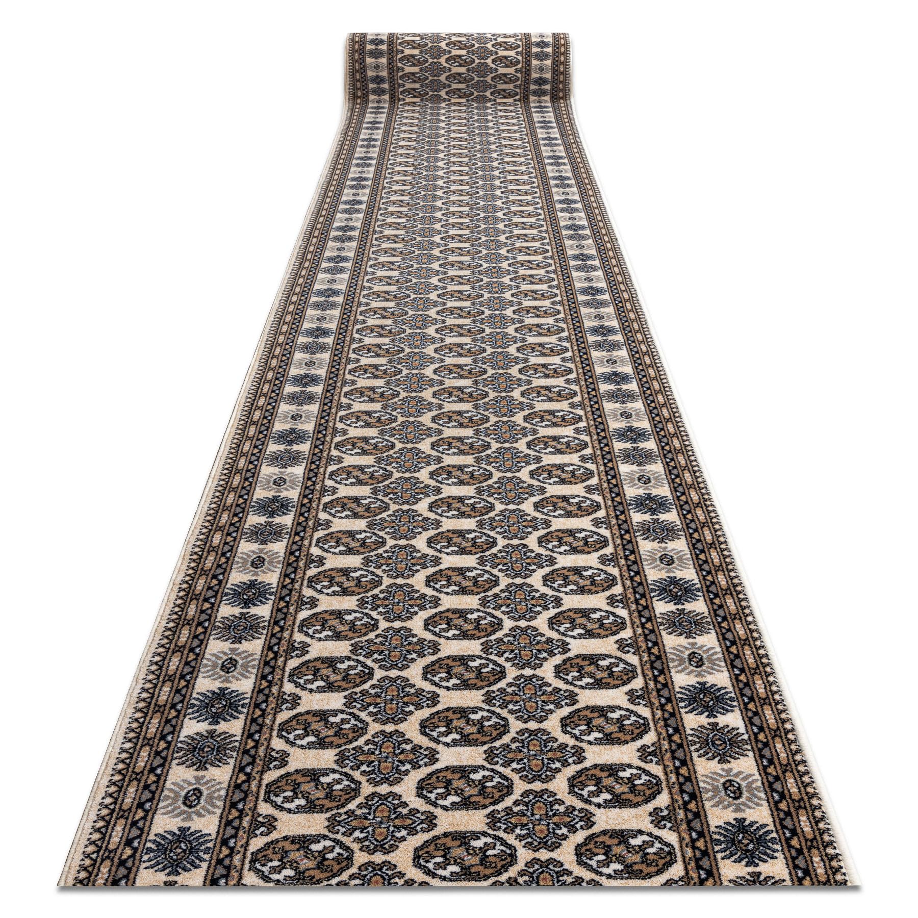 rugsx NAIN Läufer - Hochwertiger Wollteppich mit Rosettenmuster in Beige & Dunkelblau - Eleganter Orient-Teppich für Flur & Wohnzimmer 80x200 cm