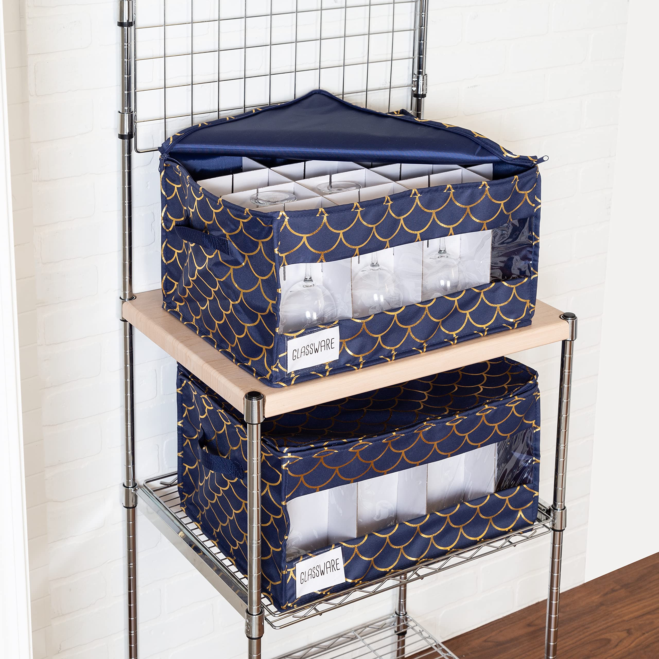 Honey Can Do Stemware Storage Box Set, Golden Scallop Print SFT-09241 Navy Blue