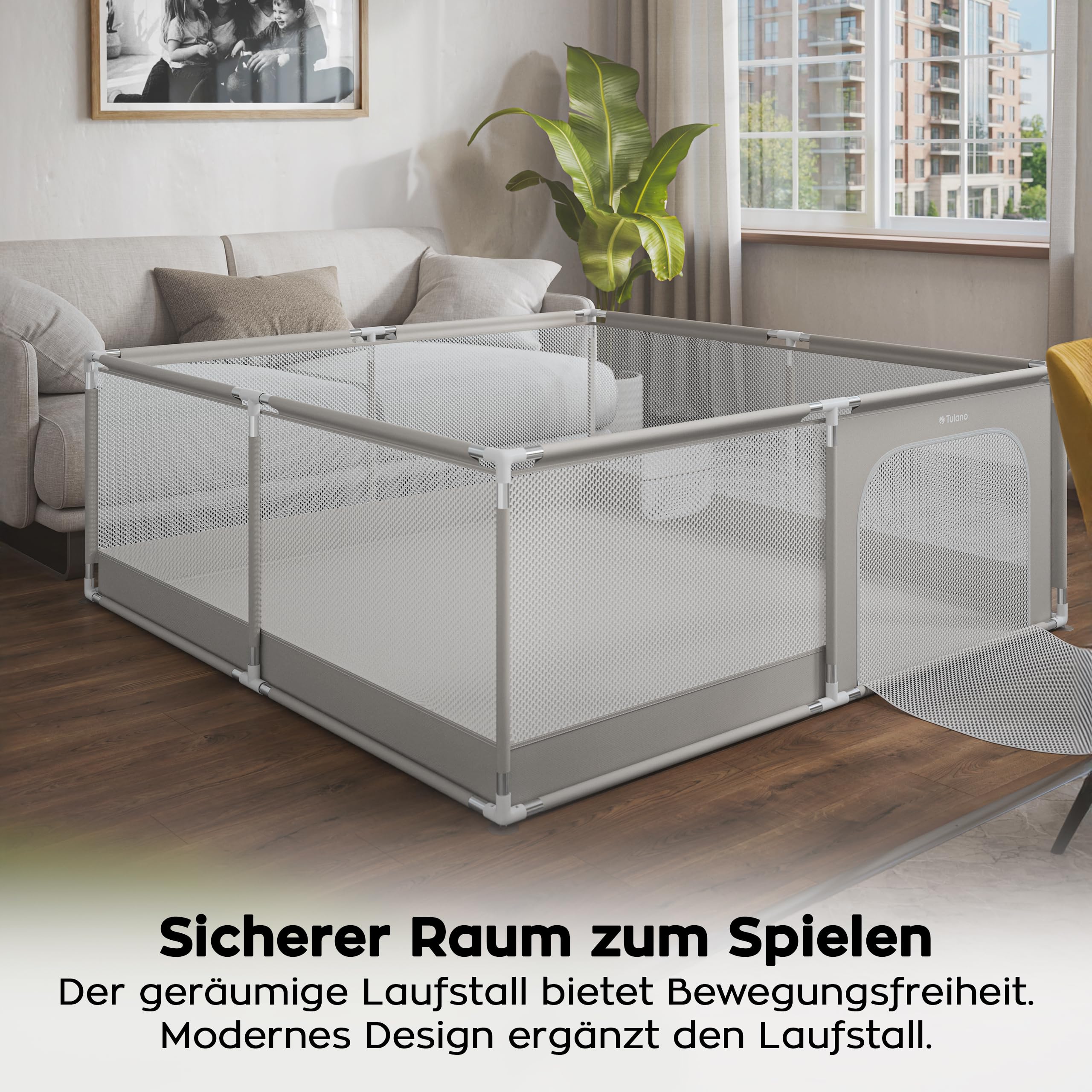 Tulano Cozy 28 Laufstall Baby 180x200 cm – Großes Laufgitter Baby mit atmungsaktivem Netz – Sicherer Playpen für Innen und Außen – Stabiler Metallrahmen – Kindgerechte Materialien – Hellgrau