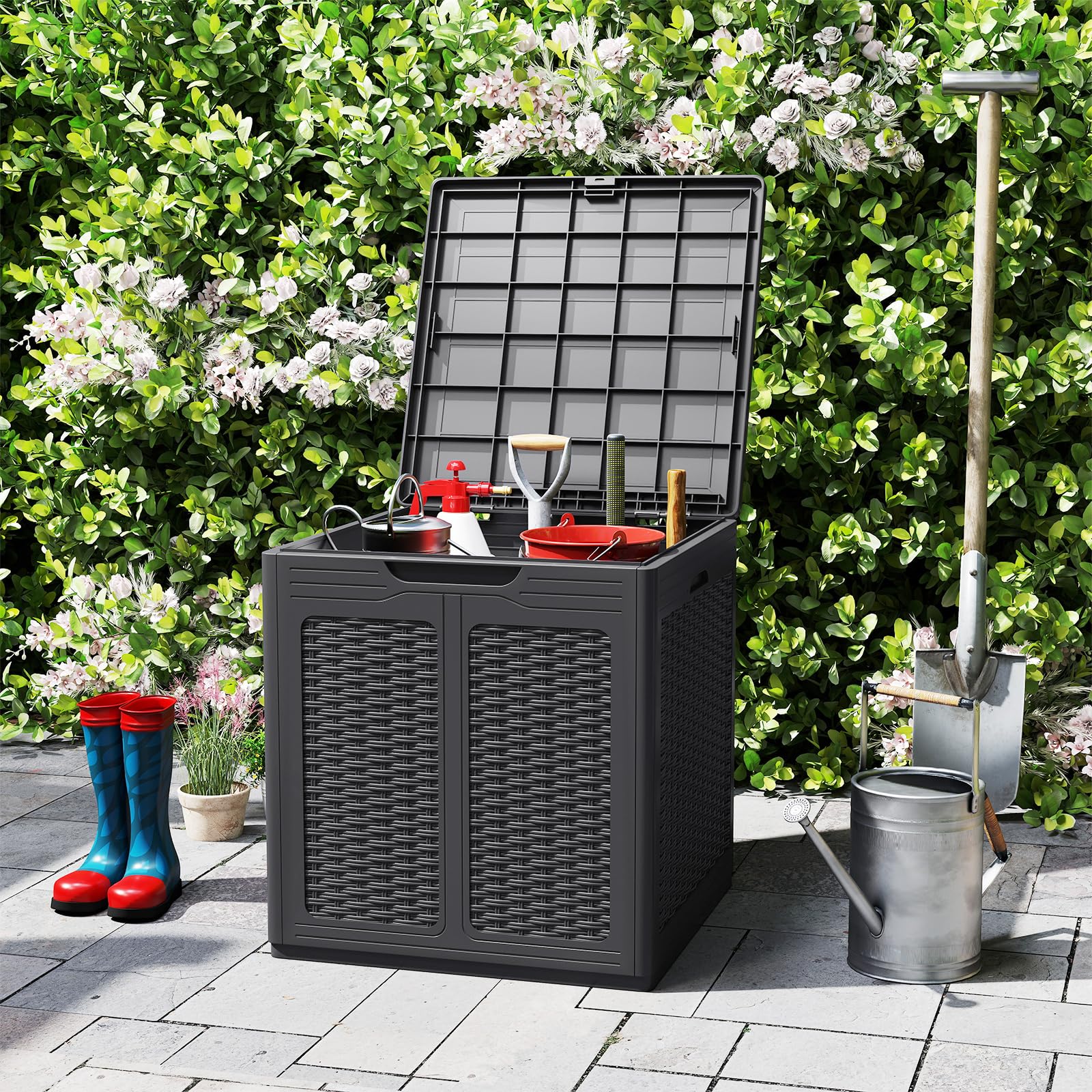 COSTWAY Arcón Exterior 145 L, Baúl almacenaje PP con Patrones de Ratán y Tapa con Cerradura, Contenedor de Plástico para Herramientas de Jardín, Cojines de Patio, 56 x 56 x 60,5 cm (Marrón)