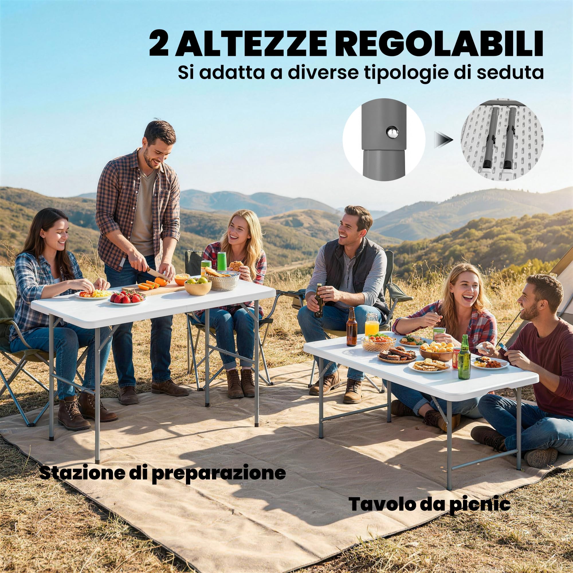 Outsunny Tavolo da Campeggio Pieghevole in HDPE, Tavolo da Picnic con 2 Altezze Regolabili e Maniglia per il Trasporto, 120 x 60 cm, Uso Interno ed Esterno per Patio, Spiaggia, BBQ, Bianco
