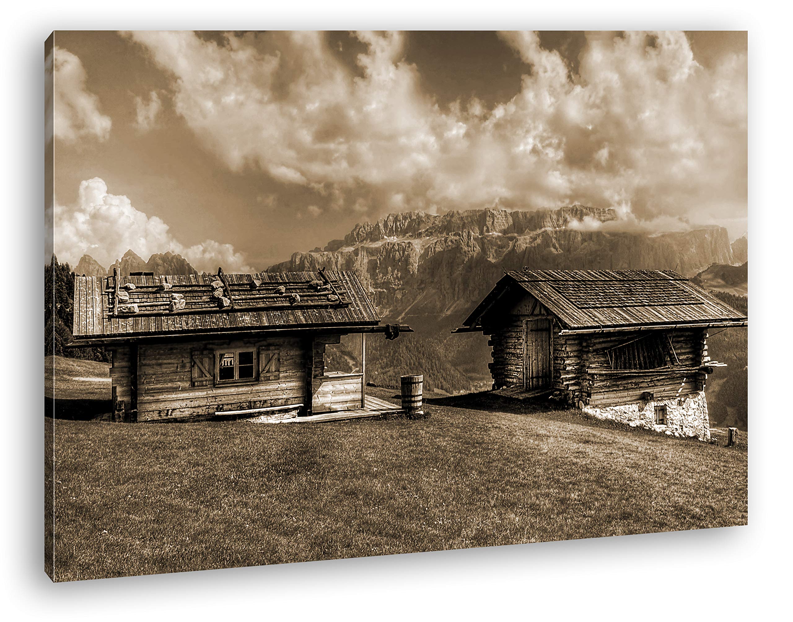 Leinwandbild Alpen Holzhütten – Rückzugsort in den Bergen Format: 100x70 cm Effekt: Sepia XXL Kunstdruck Bild auf Keilrahmen/Wandbild/Wohnzimmer Deko