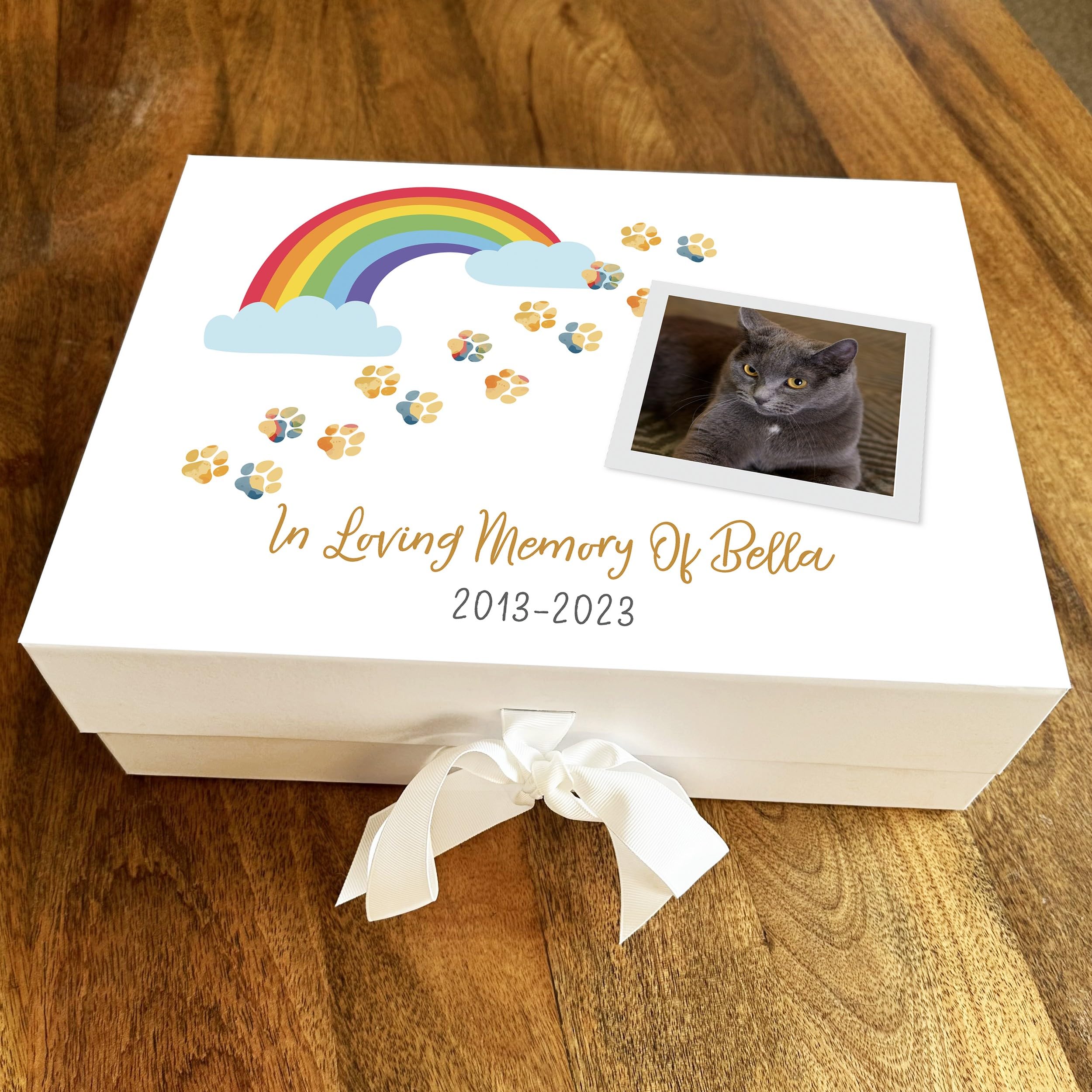 Fingerprint Designs Pet Loss Dog Cat Memorial Rainbow Paw Print Photo Memory Keepsake Box - Pet Memorial Box, In Loving Memory Keepsake Treasure Personalised Memorial Box - Memory Boxes Bereavement