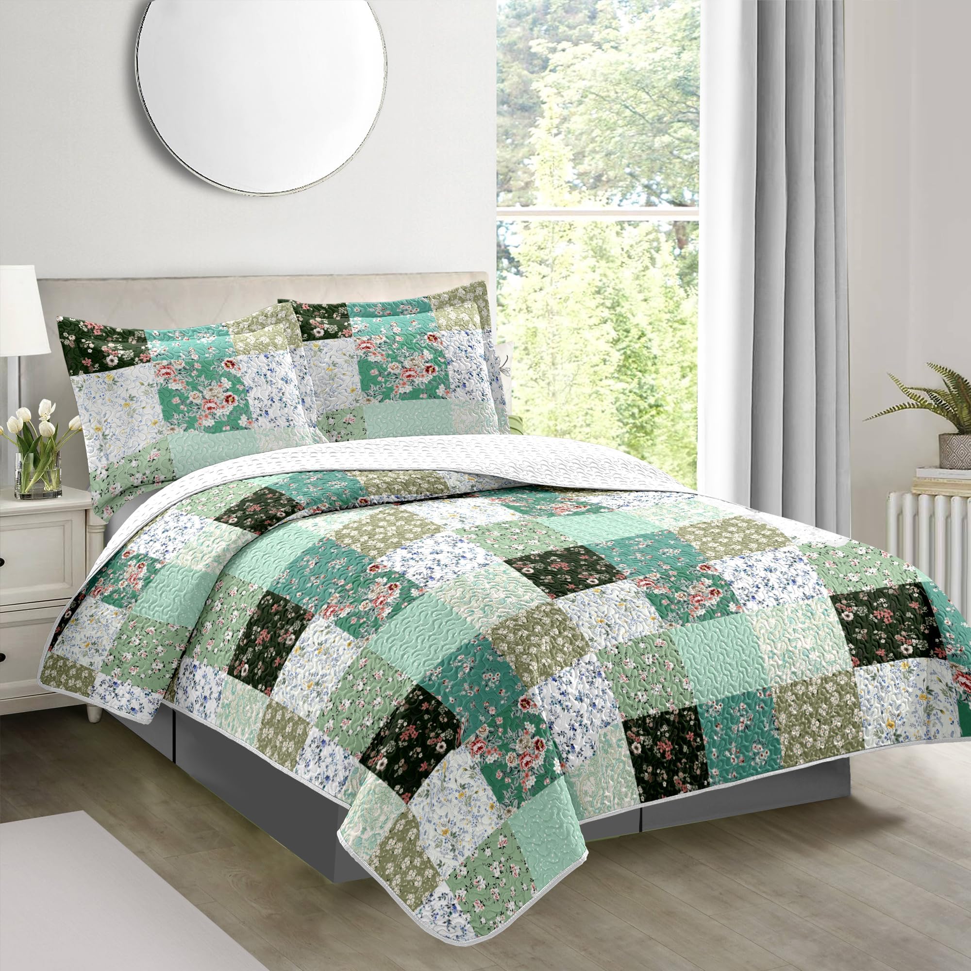 zhuzai Patchwork Quilt Set Full/Queen Size 3 Piece Soft Lightweight Reversible Elegant Microfiber Bedding with 2 Shams Plaid Floral Bedspread Coverlet Set for All Season, 90''x96''