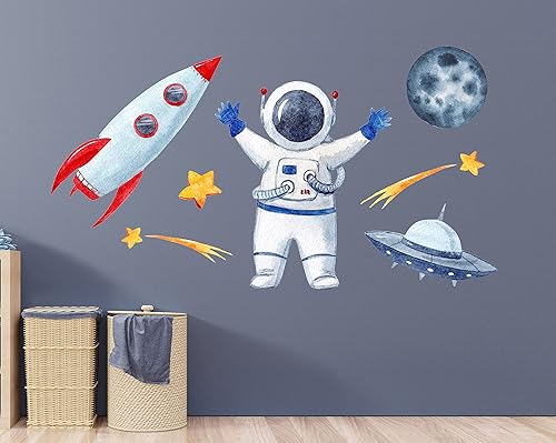 Calcomanía de pared de cohete de astronauta, calcomanías de pared espaciales, decoración de pared de habitación infantil con temática de cohete y