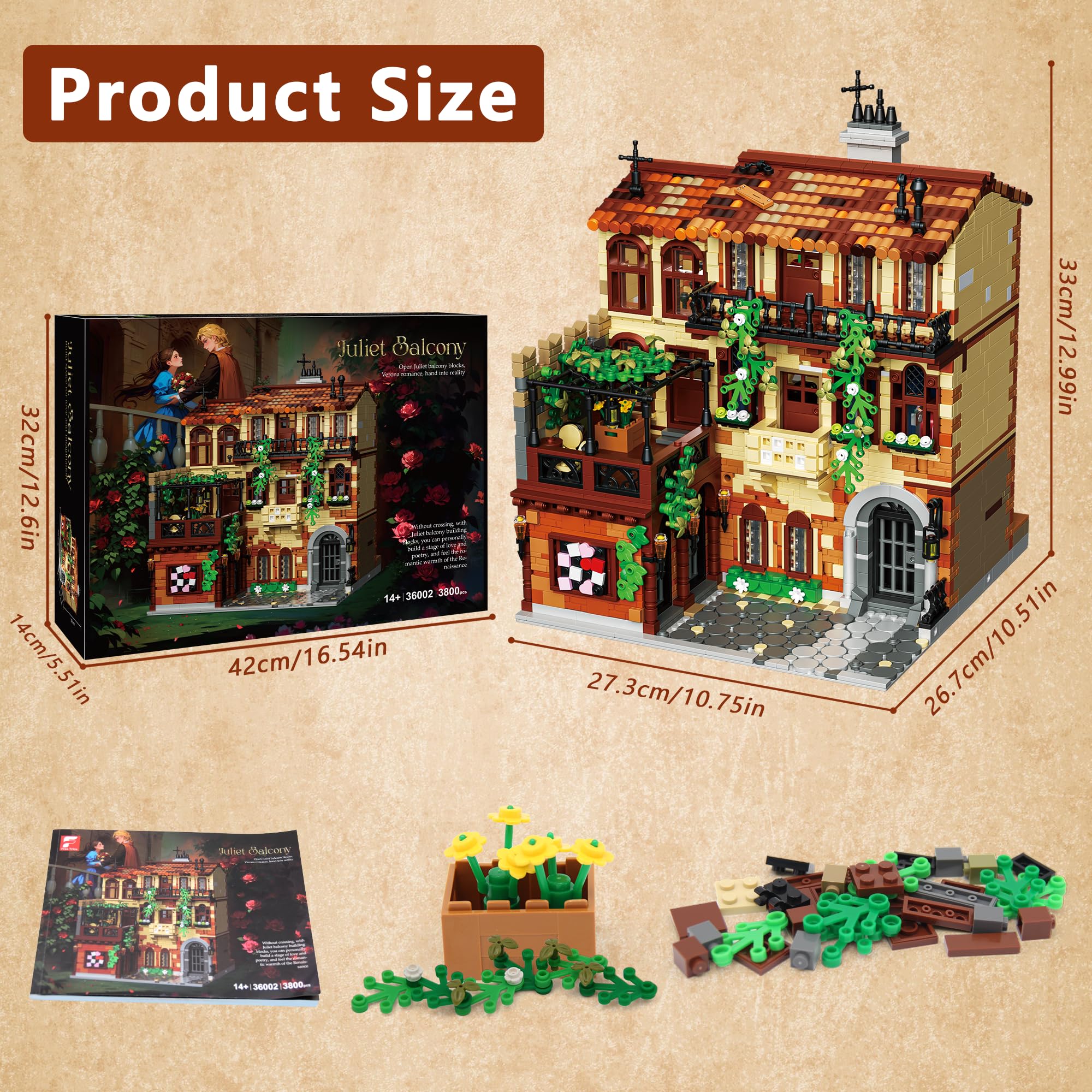 kiothdre Set Costruzione Casa Balcone Verona, 3800PCS Kit Architettura Rinascimentale Italiana con Villa 3 livelli, Balcone e Viticci Edera, Blocchi Costruzioni Grandi per Adulti Adolescenti- Regali