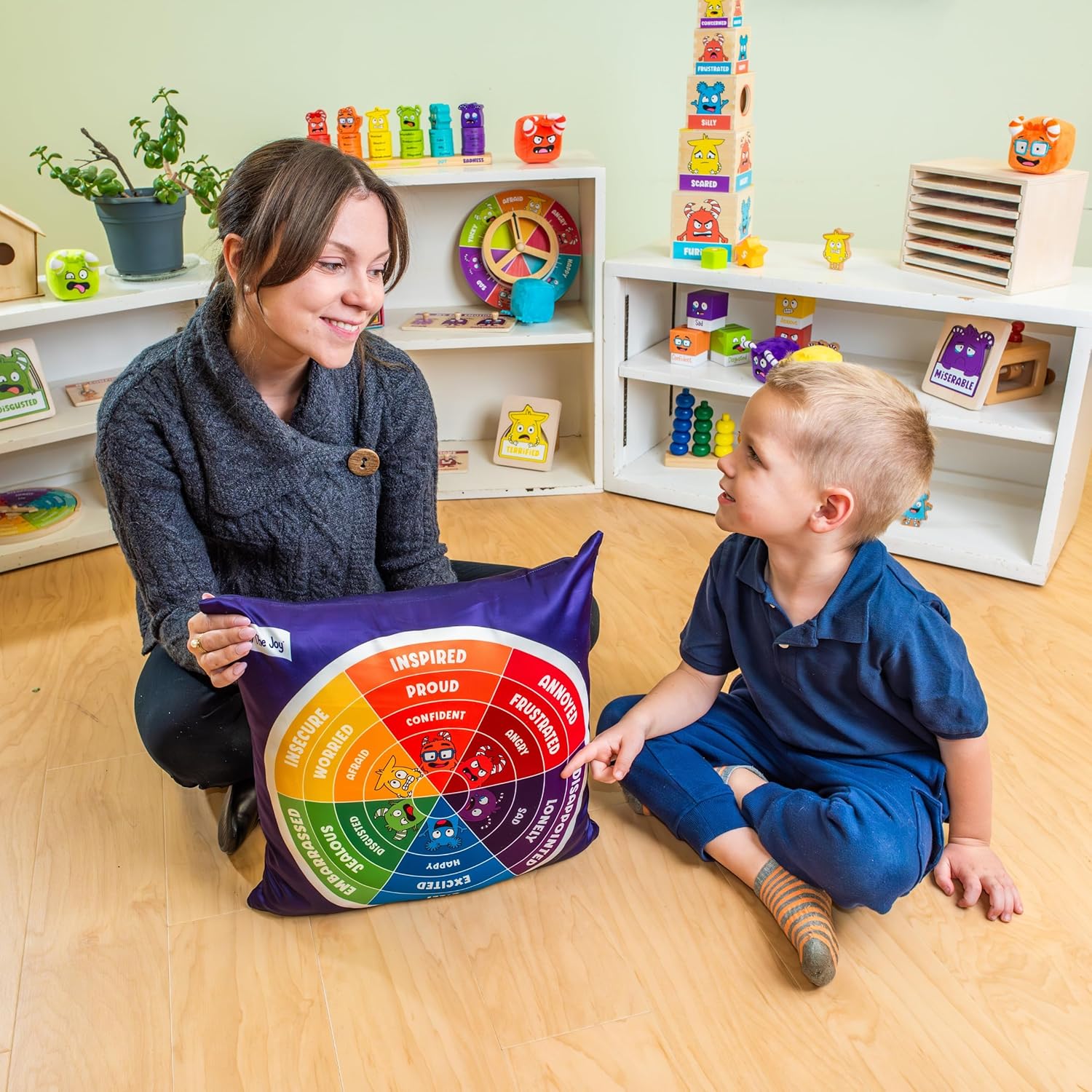 Open The Joy Emotions Wheel Pillow – Soft Round Feelings Chart Pillow for Kids | Social Emotional Learning (SEL) Plush Toy for Calming Corners, Therapy, Classrooms & Home Use