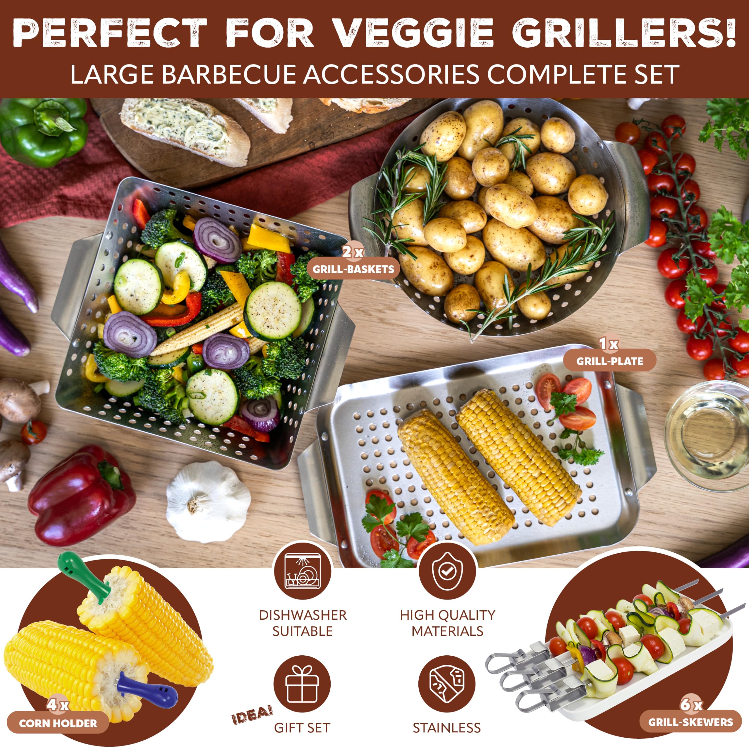 bremermann Veggie 13-częściowy zestaw do grillowania, w tym kosze do grillowania, płyty grillowe, szpikulce do grillowania i uchwyty na kolby kukurydzy, idealnie nadaje się do grilla, planchy lub