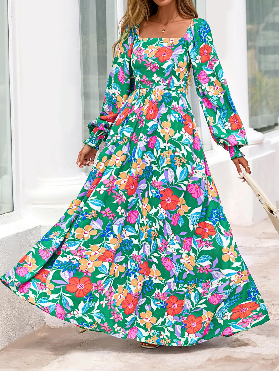 PRETTYGARDEN Women Floral Maxi Dresses 2026 Spring Long Sleeve Square Neck Boho A Line Wedding Guest Casual Flowy Long Dress