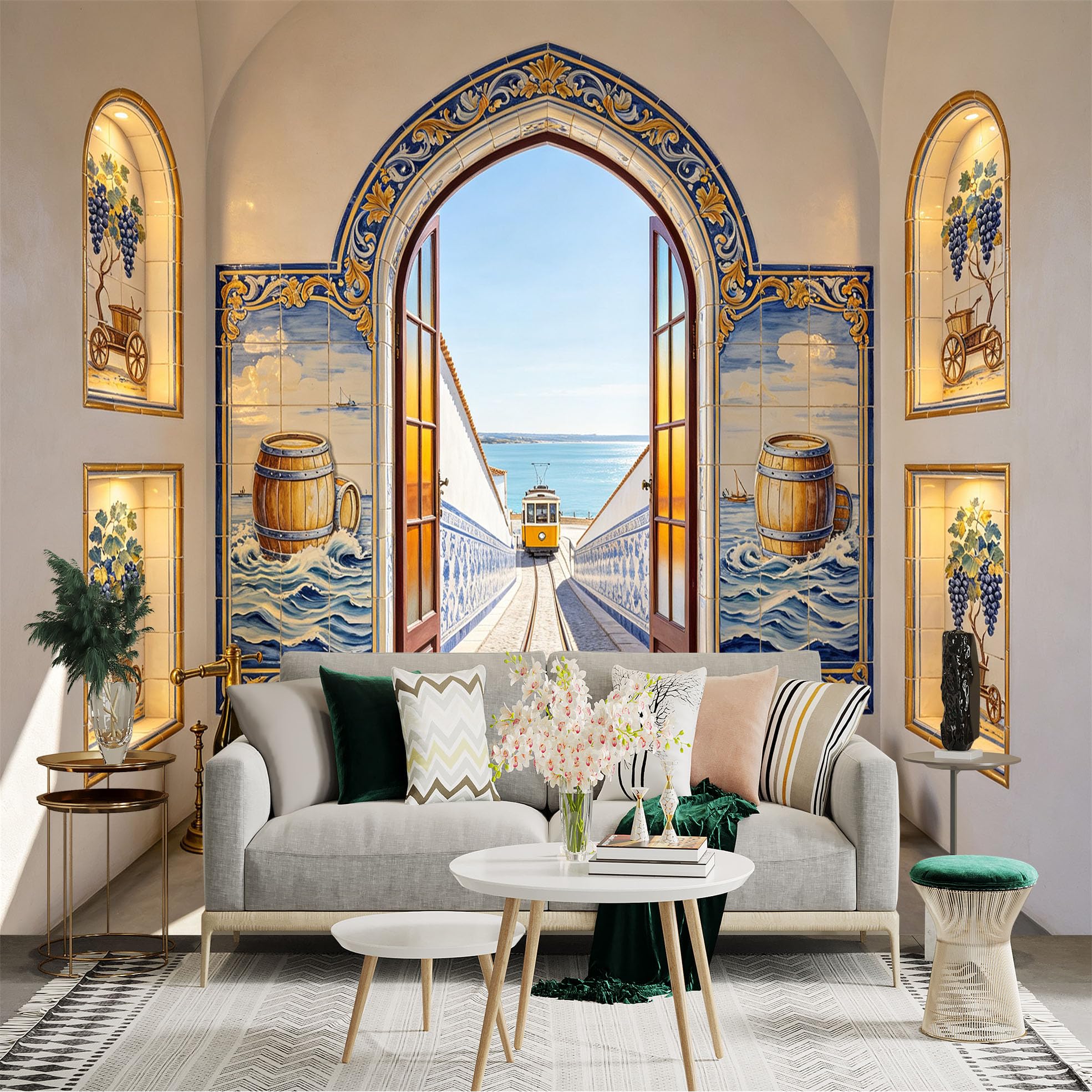 Custom Size Wall Sticker Mural， Mediterranean Coastal Archway， Blue Tile Seaside Tram View， for wall Decoration， peelandstick wall Decals.