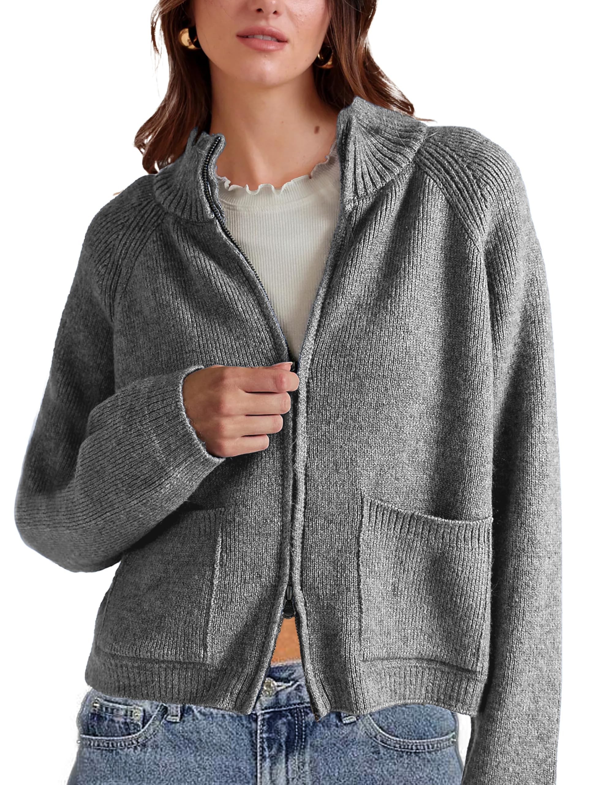 Womens Ribbed Zipper Cardigan Sweater Casual High Neck Long Sleeve Fall Oversized Knit Jackets Tops