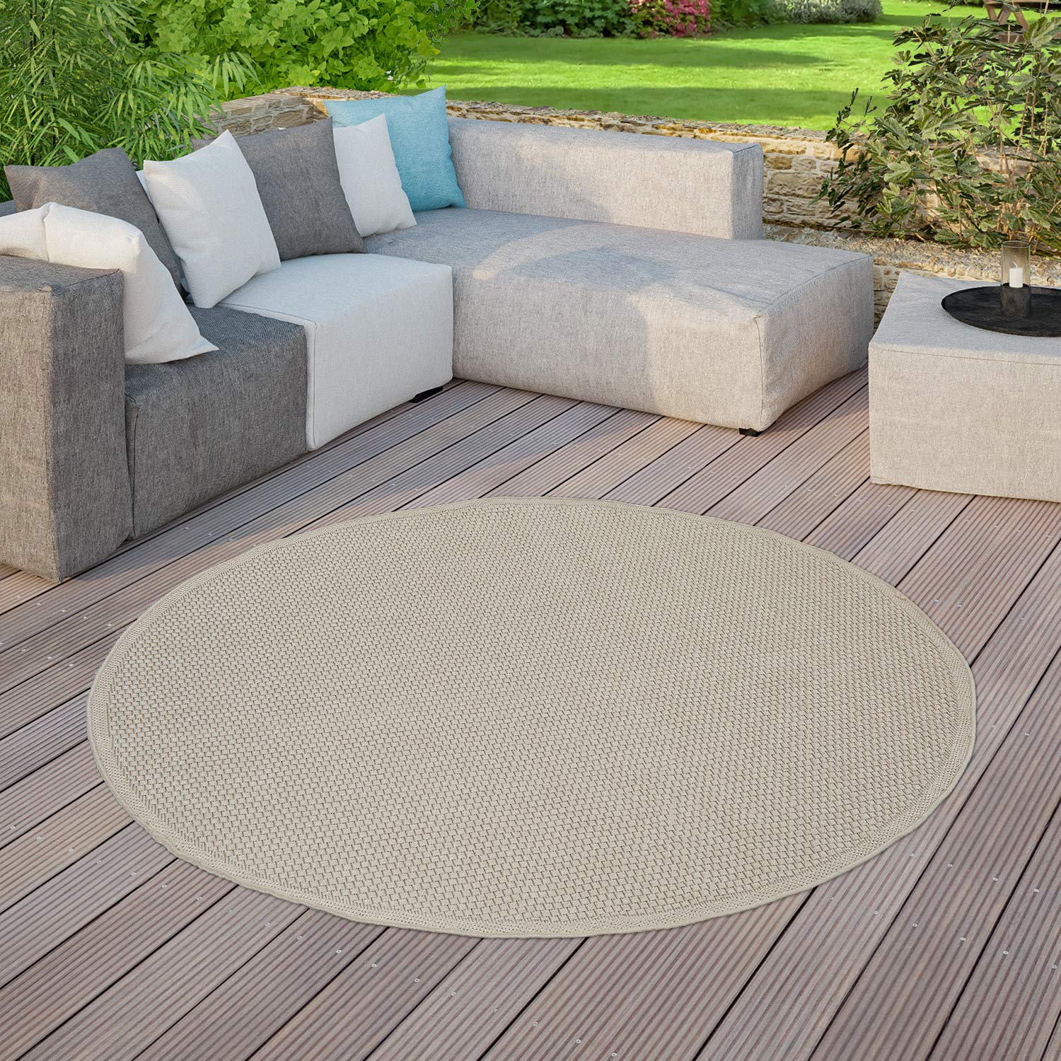 TT Home Tapis Jardin Tapis Exterieur Terrasse Cuisine Unis Moderne, Couleur:Beige, Dimension:160 cm Rund