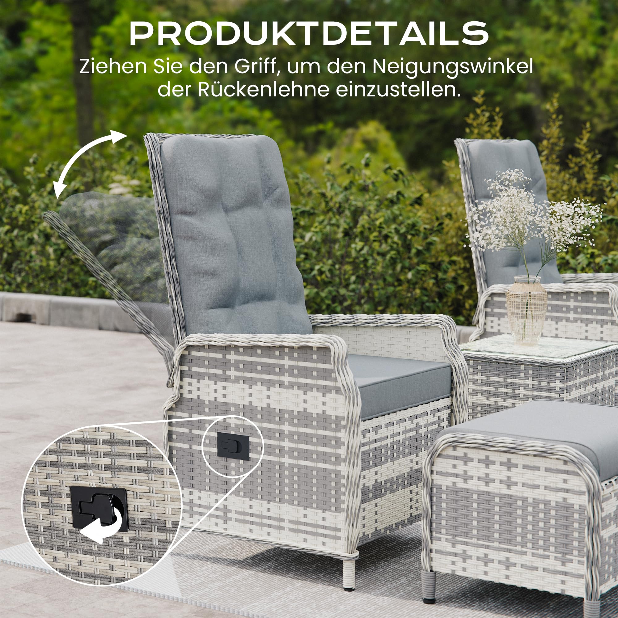 5-teiliges Rattan-Gartenmöbel-Set, Terrassen-Gesprächssets mit 2 Stühlen, 2 Fußhockern und 1 Tisch, verstellbaren Rückenlehnen und weichen Kissen, für Terrassen, Gärten und Innenhöfe, grau