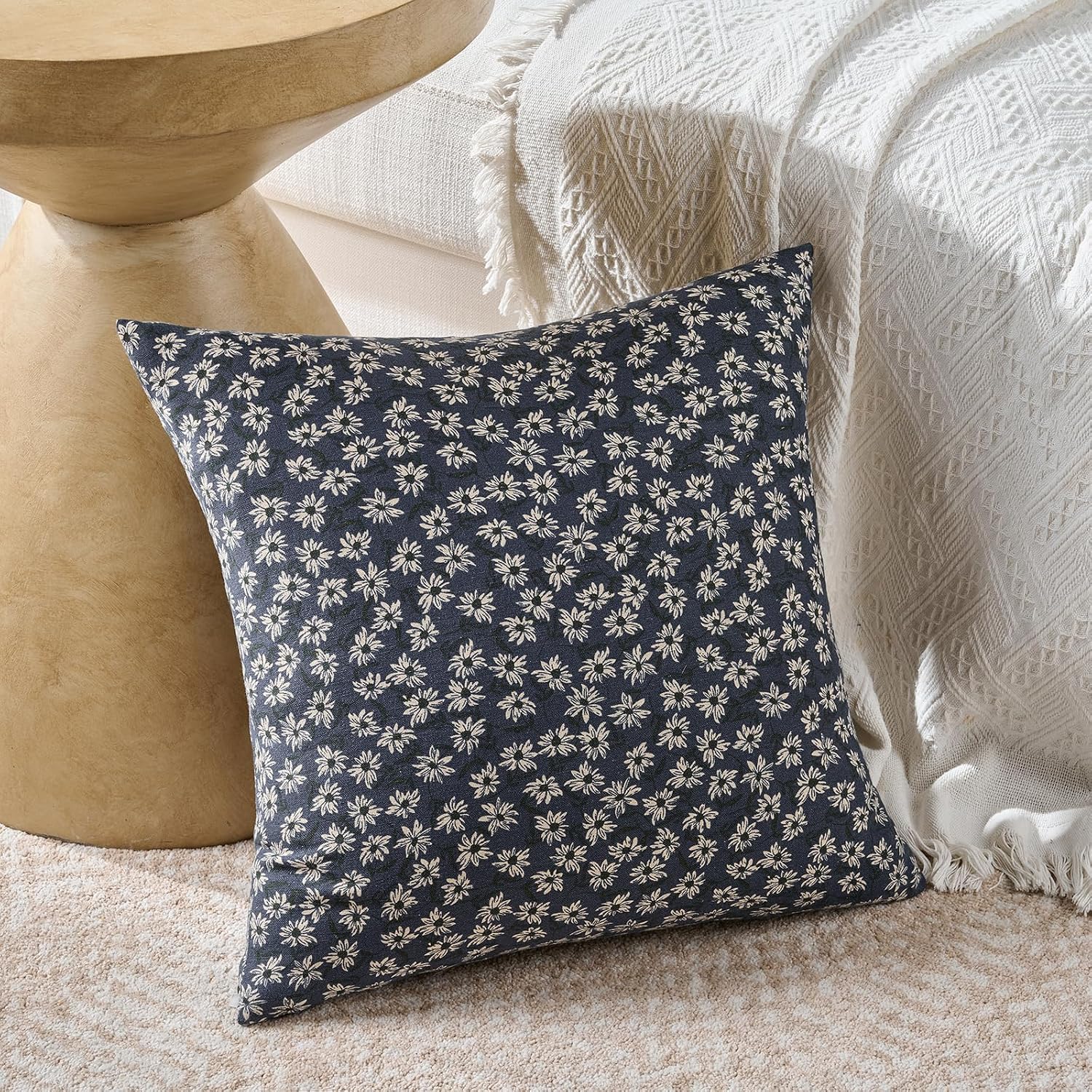 Fancy Homi Set of 4 Navy Blue Floral Vintage Square Decorative Throw Pillow Covers 20x20 Inch for Couch Sofa Bed Living Room, Modern Farmhouse Cottagecore Home Decor,Soft Cotton Linen Cushion Covers