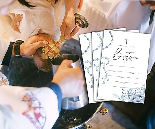 Miniatura 4 de Invitaciones de bautismo con sobres, tarjetas de invitación de baby shower floral bohemio, invitación de primera comunión de flor de rosario azul,