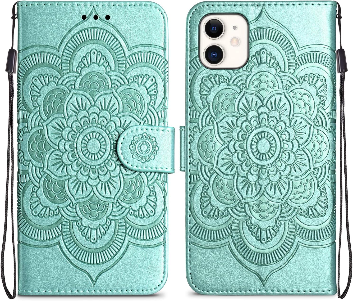 HianDier Wallet Case for iPhone 11 Card Holder Case Kickstand Flip Cover Embossed Mandala Flower Lanyard Protective Soft PU Leather Cover Case for 2019 Release iPhone 11 iPhone XI, Green