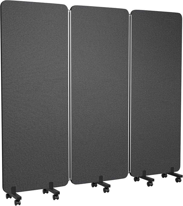 Particiones de oficina plegables de 3 paneles, pared de cubículo celular con ruedas | Divisores de habitación a prueba de sonido y cancelación de ruido de 71 x 66 pulgadas, pared divisoria, marco de aluminio gris oscuro
