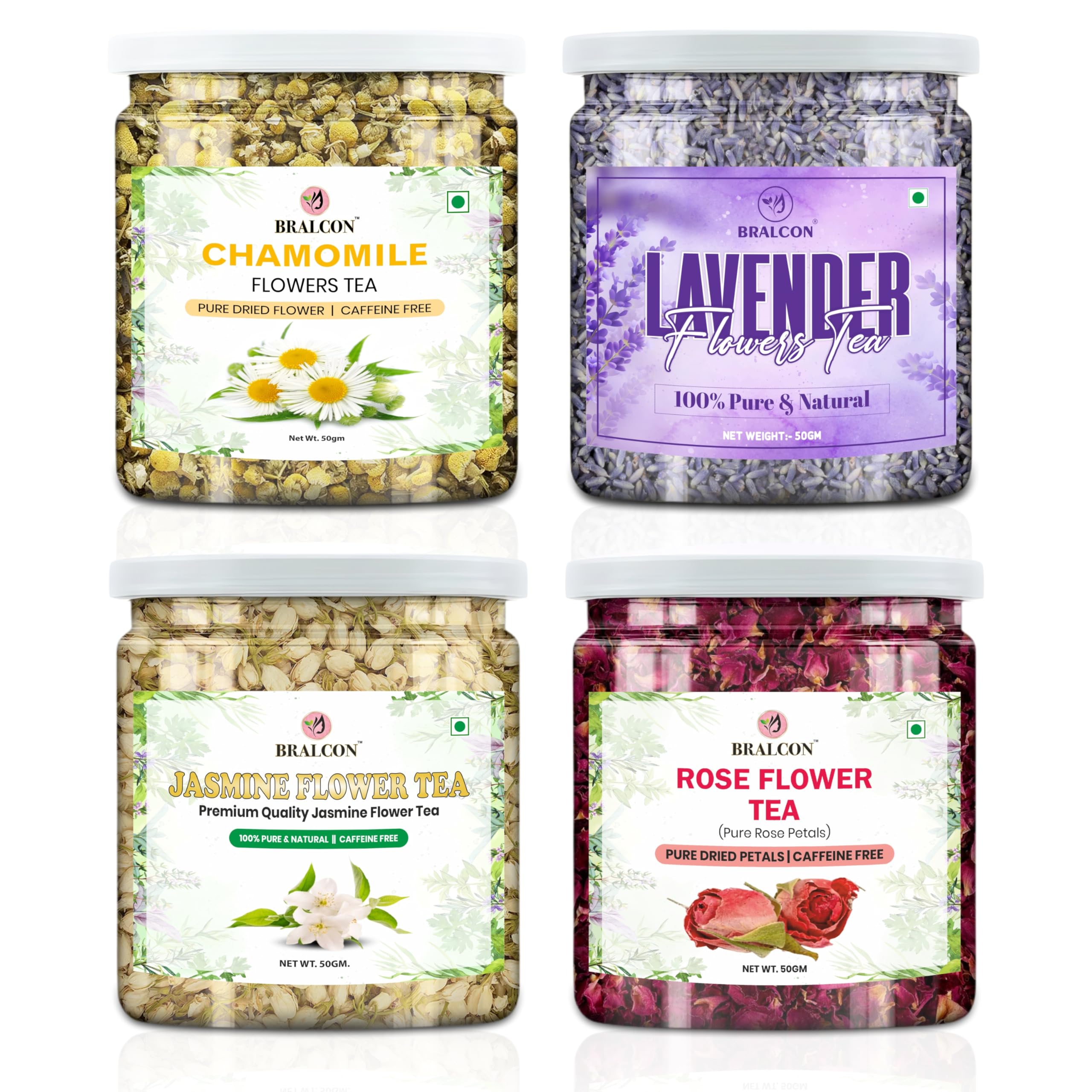 BRALCON Herbal Flower Tea Combo, Chamomile, Lavender, Jasmine, Rose, Caffeine Free, Pure Dried Flowers, 50g Each, 4 Pack-picture-10