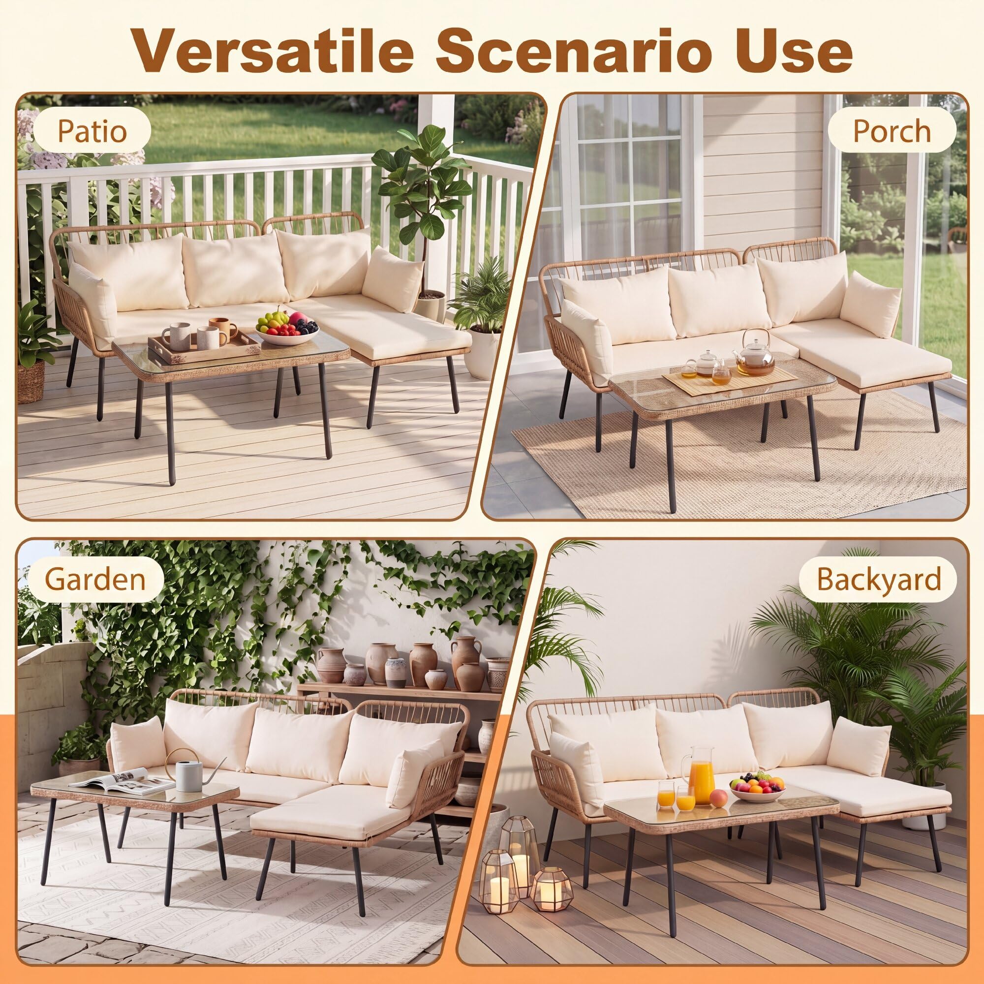 GIANTEX Conjunto de Jardín de Ratán 3 Piezas con Sofá Esquinero | Muebles de Exterior con Cojines y Mesa de Centro con Encimera de Vidrio, para Patio, Piscina y Terraza