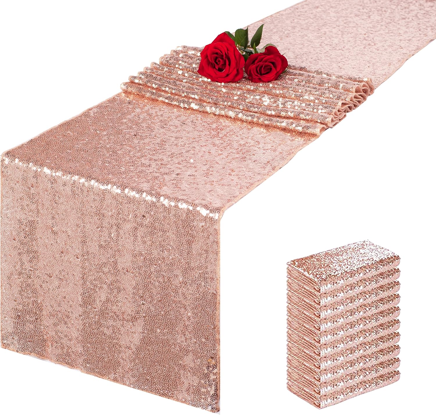 Charoama 10 Pack Rose Gold Sequin Table Runners 12x108 inch Glitter Fabric Table