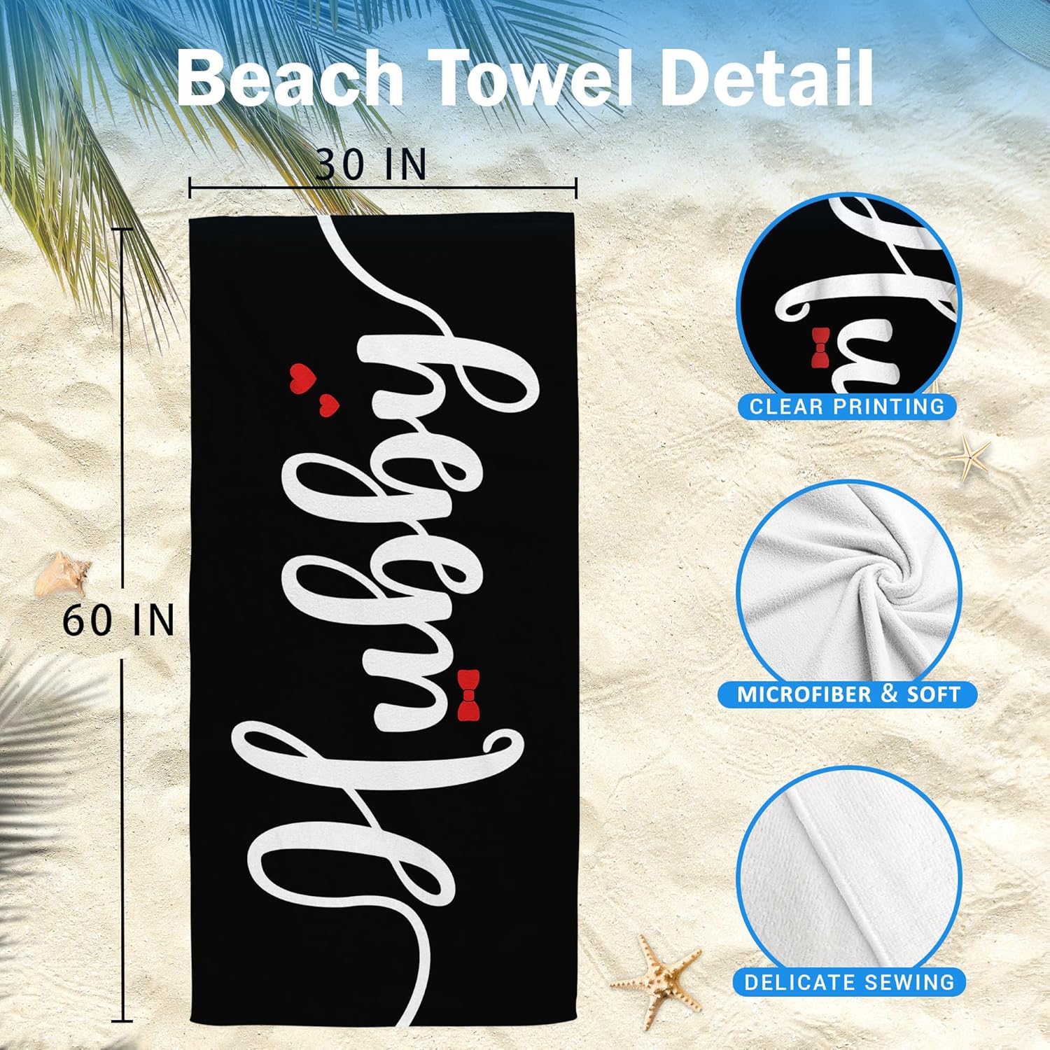 Couple Wifey Hubby Beach Towel Set of 2, Honeymoon Wedding Beach Towels Gifts for Bride Groom Valentines Him Her, Black and White Towels Oversized Decor for Bathroom 30x60in - Image 7