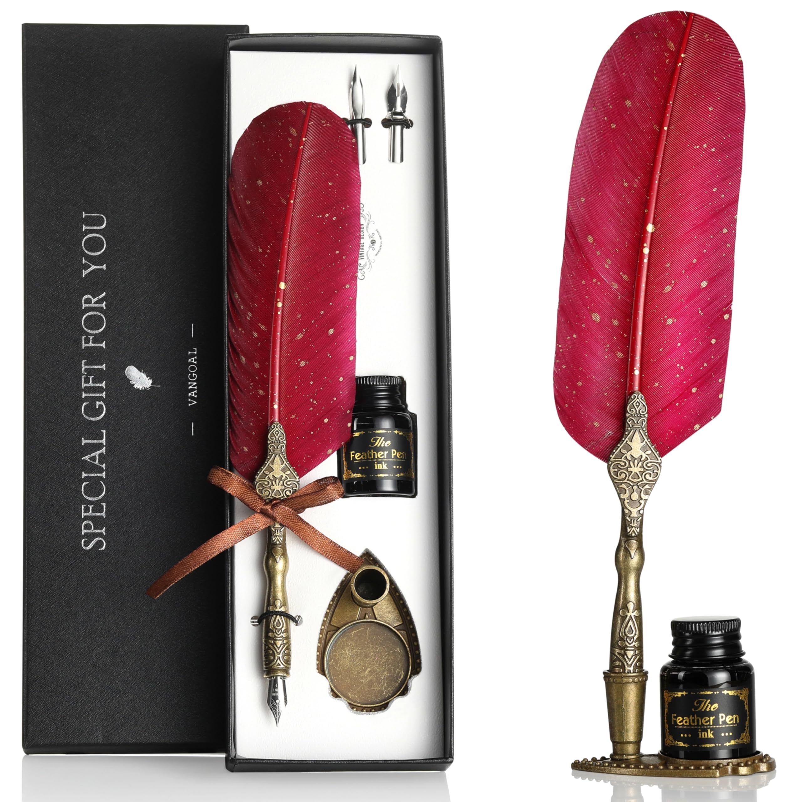 VANGOAL Vintage Carving Feather Pen Set, Glittering Quill Pen Set Antique Calligraphy Writing Dip Pen with Ink, 2 Replacement Nibs, Pen Stand Base, Luxury Vintage Signature Pen (Red)