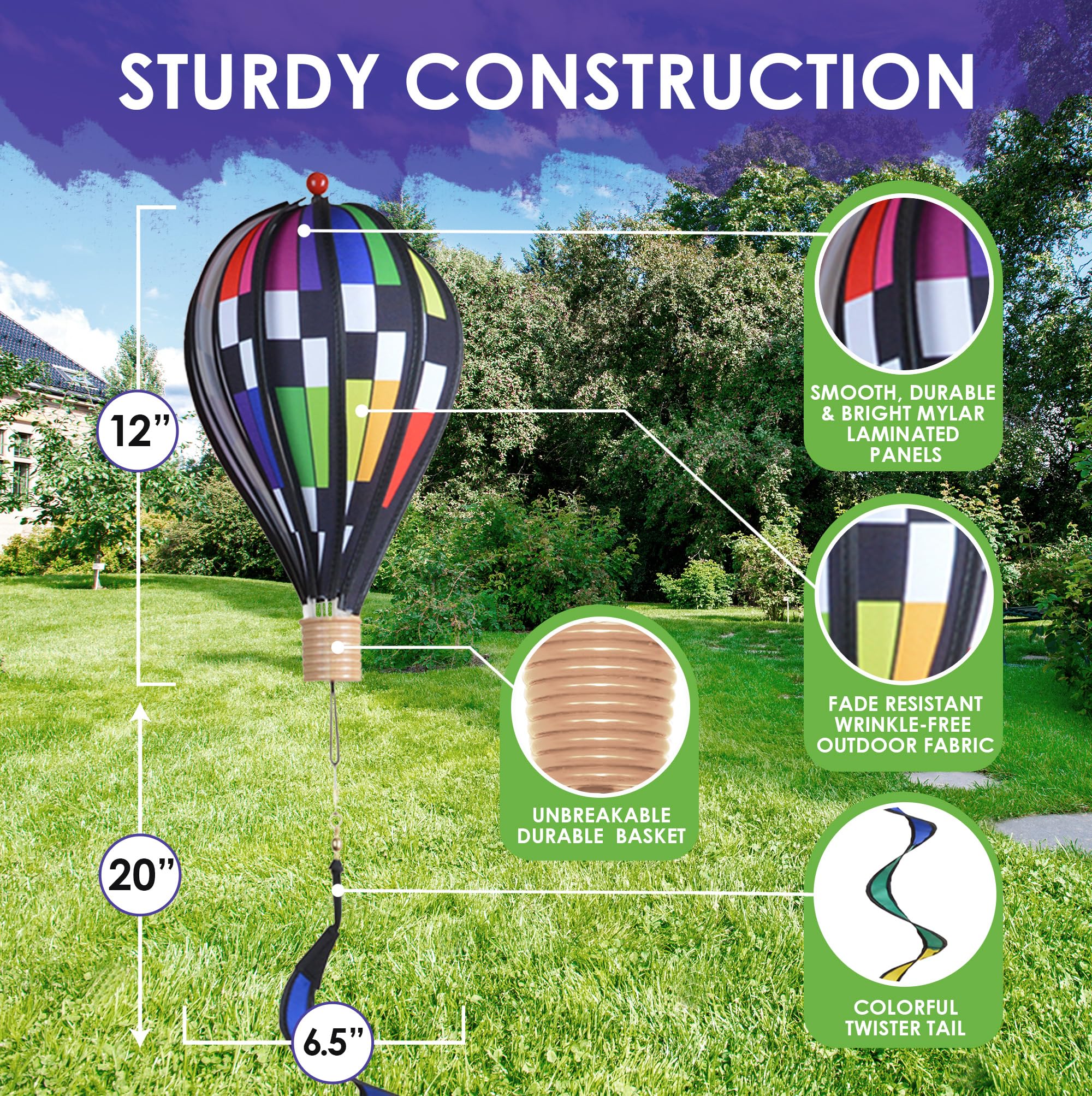 Hot Air Balloon Hanging Garden Spinner 12" - Vibrant Rainbow