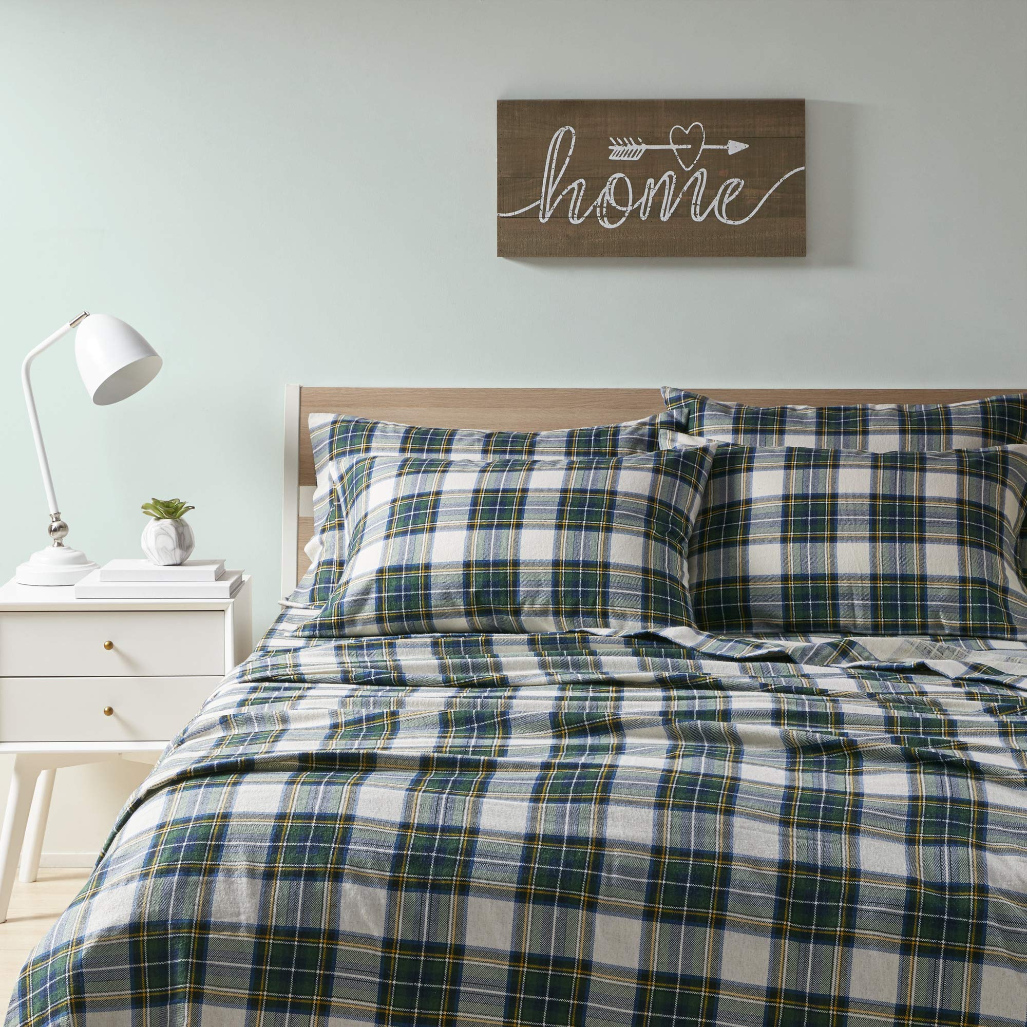 Comfort Spaces Cotton Flannel Breathable Warm Deep Pocket Sheets With Pillow Case Bedding, King, Scottish Plaid Green