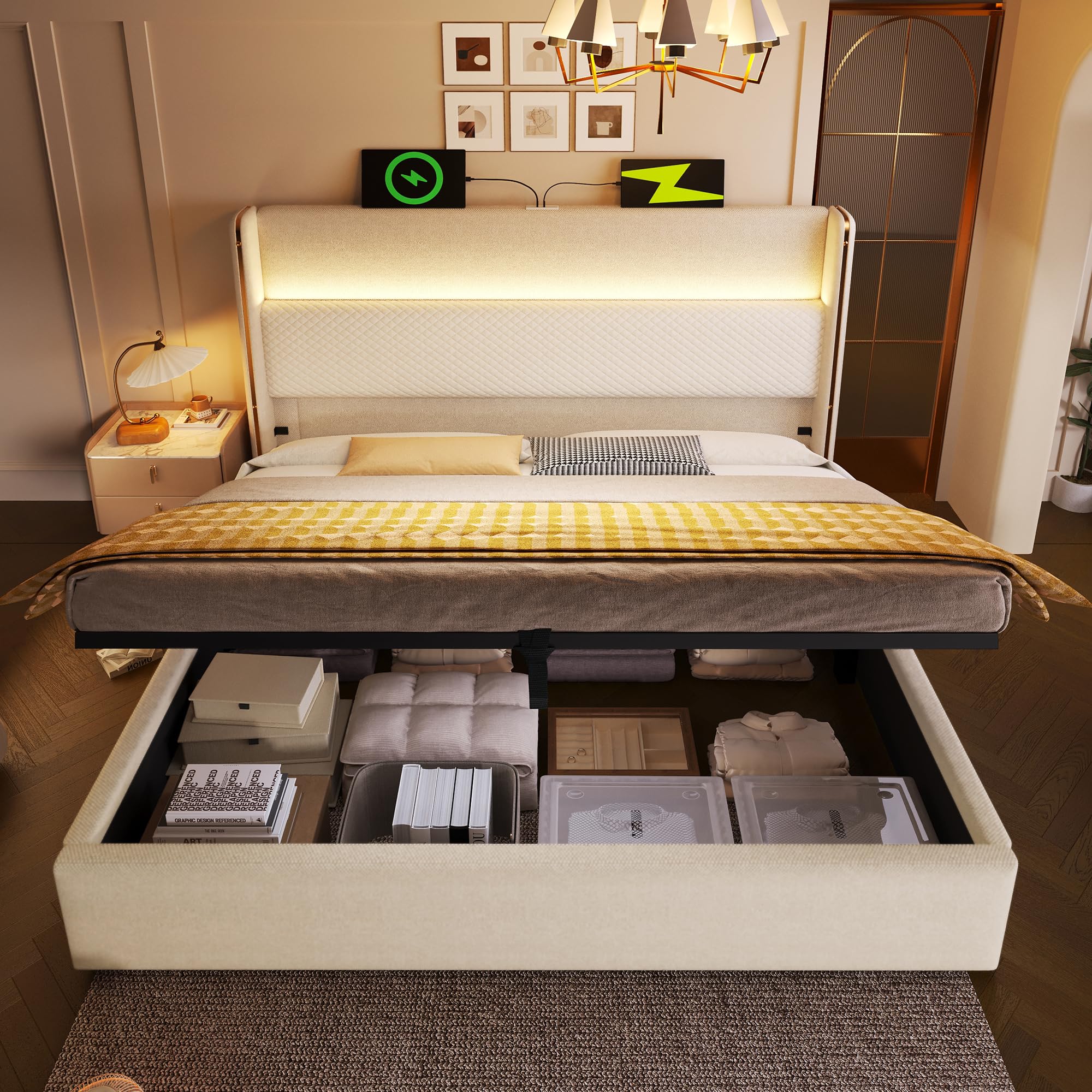 Cama Tapizada 180x200 Cama Canapé Cabecero Alto con Superficie de Lino Cama Doble Marco Encastrado Alrededor del Colchón Tapizado de Lino Cabecero Acolchado Dormitorio Beige